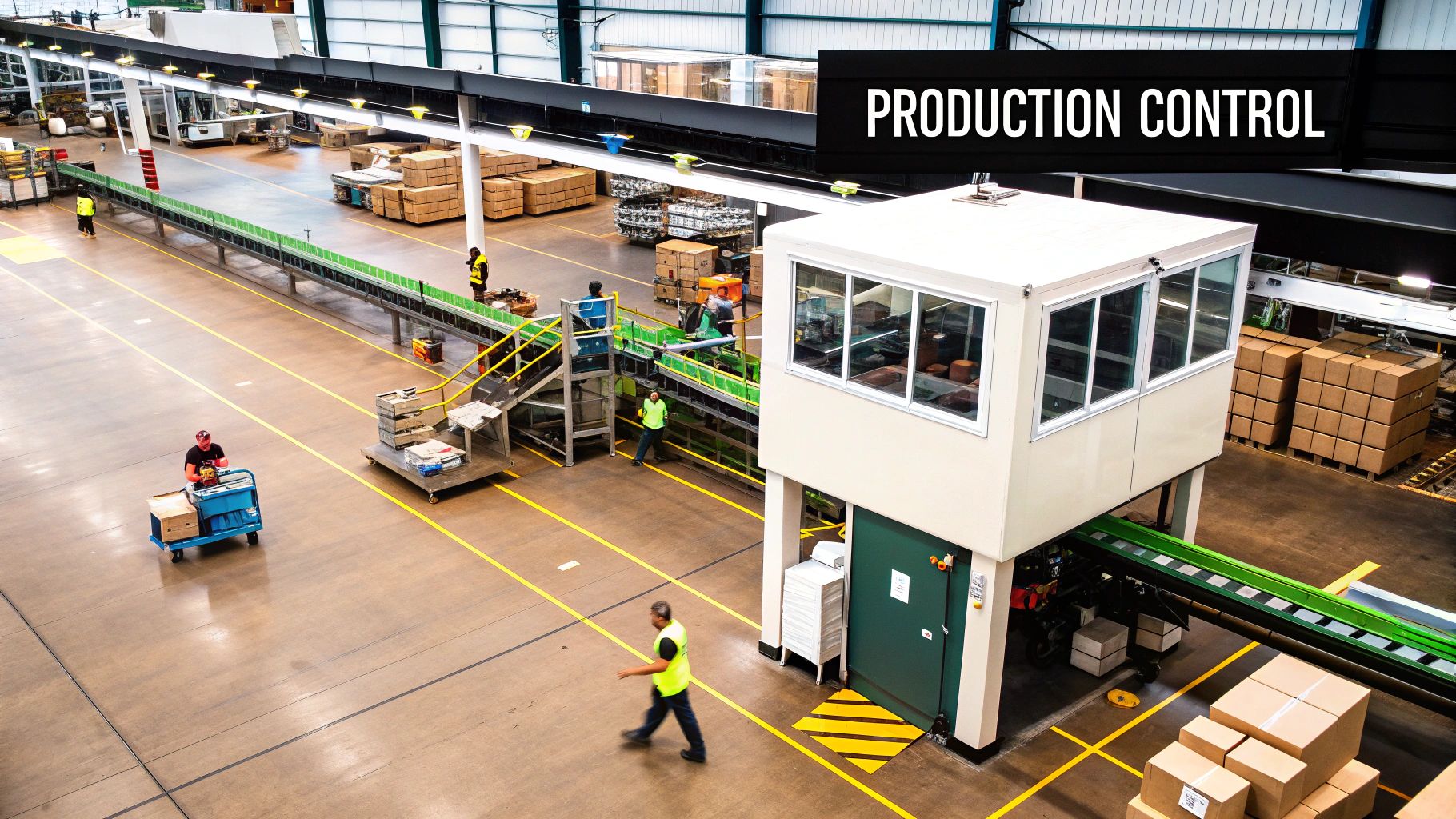 Busy factory floor with a production control room, workers, and conveyor belts moving goods.