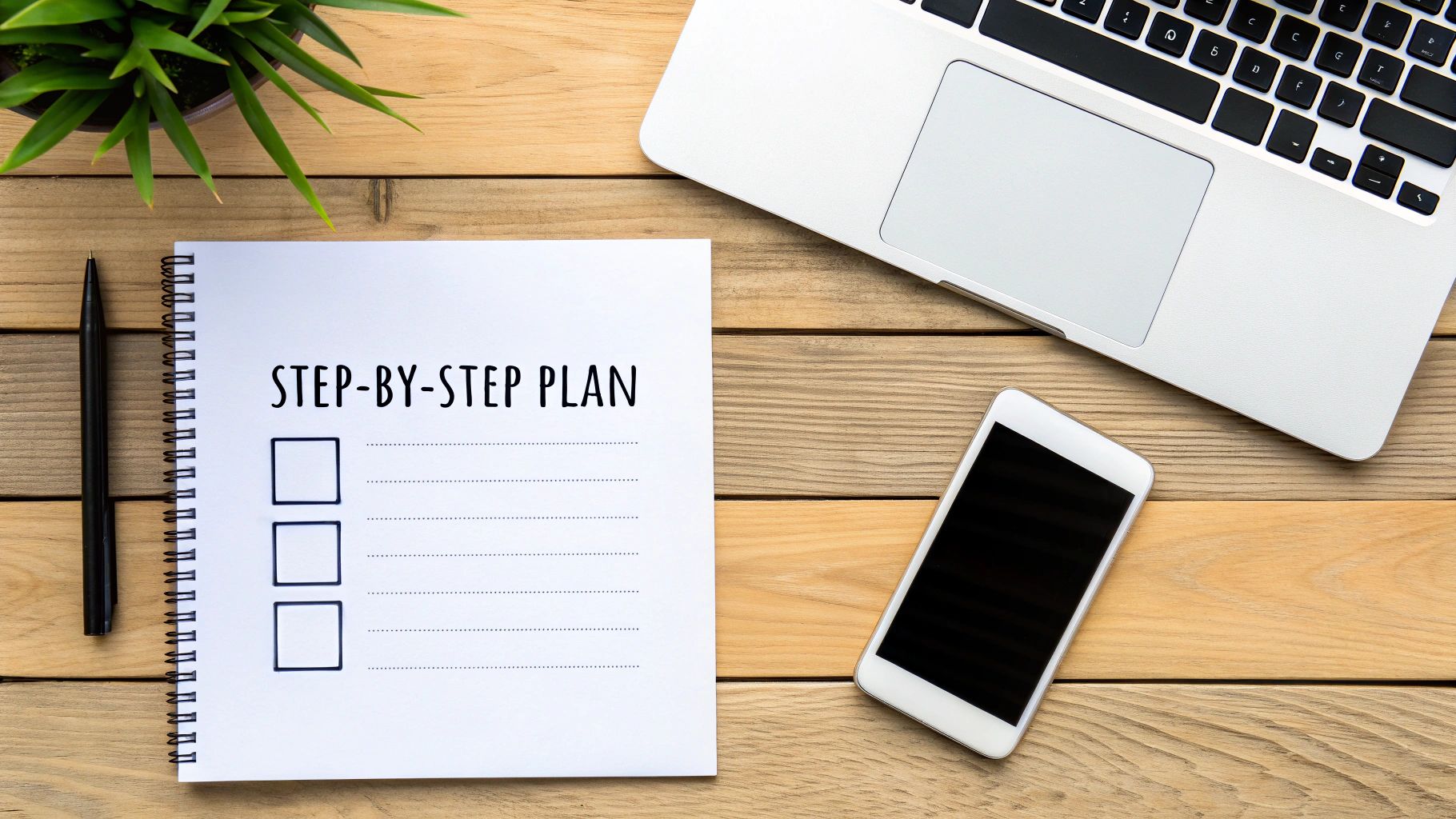 Overhead view of a desk with a notebook showing 'STEP-BY-STEP PLAN', a pen, laptop, smartphone, and plant.