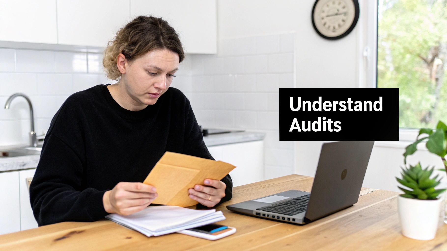 Woman in black shirt reviewing audit documents at kitchen table with laptop computer