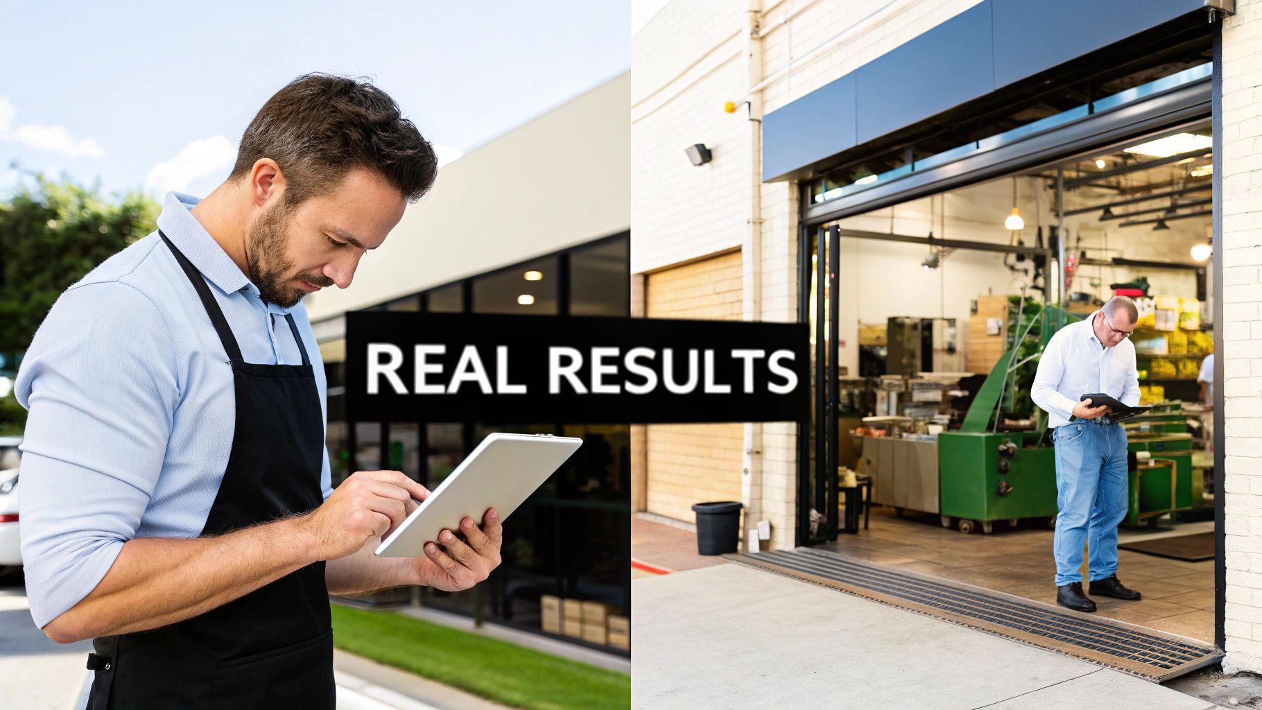 Two men, one in an apron and one in a workshop, use tablets for business operations, showing real results.