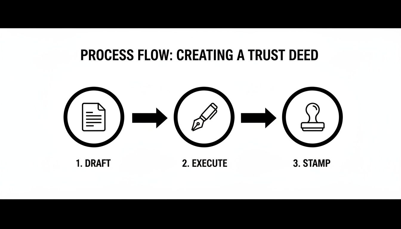 A process flow diagram illustrating three steps for creating a trust deed: Draft, Execute, and Stamp.