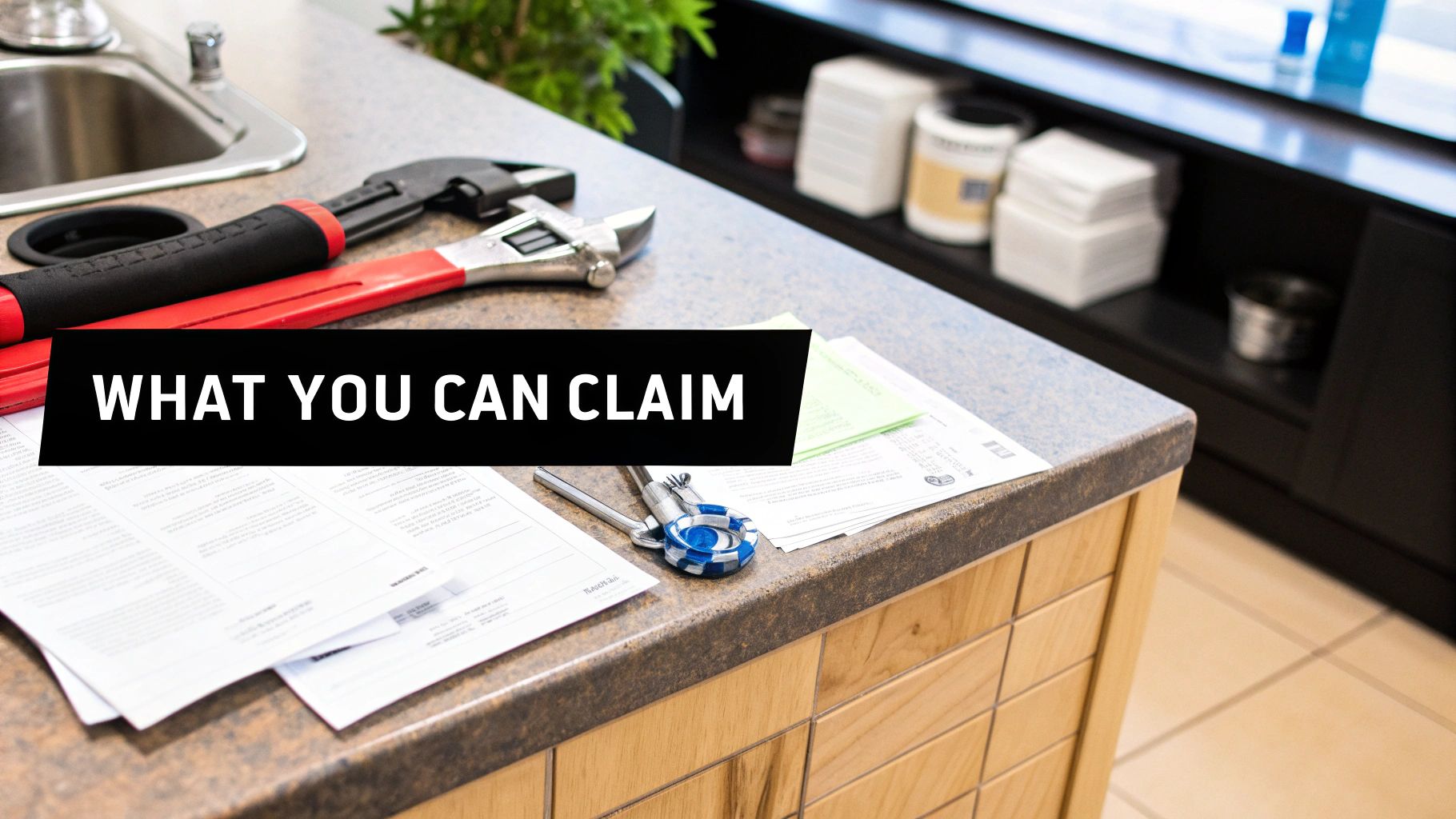 Plumbing wrenches and various documents on a kitchen counter with the text 'WHAT YOU CAN CLAIM'.