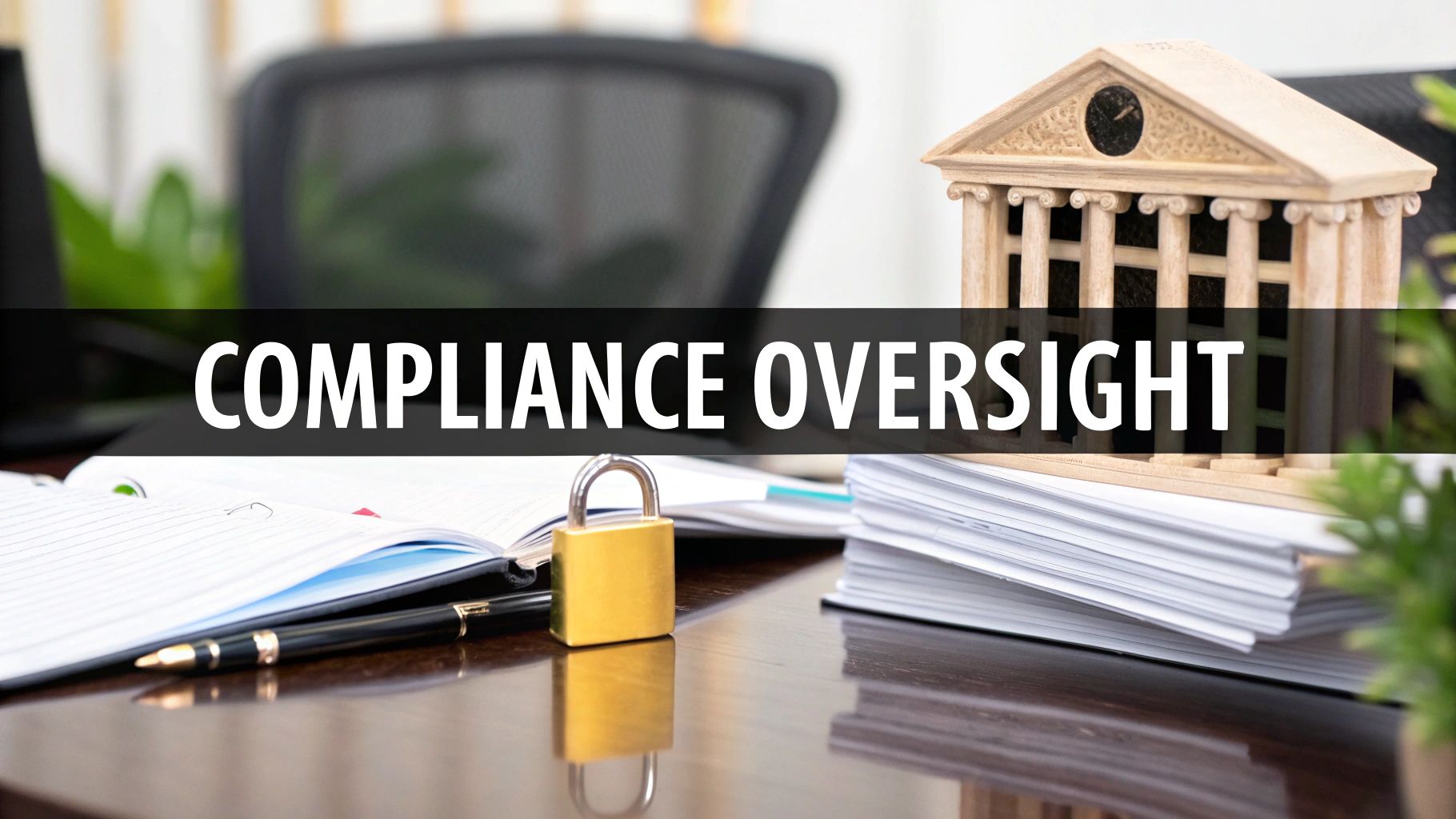 A desk with an open notebook, a pen, a golden padlock, and a miniature building with the text 'COMPLIANCE OVERSIGHT'.