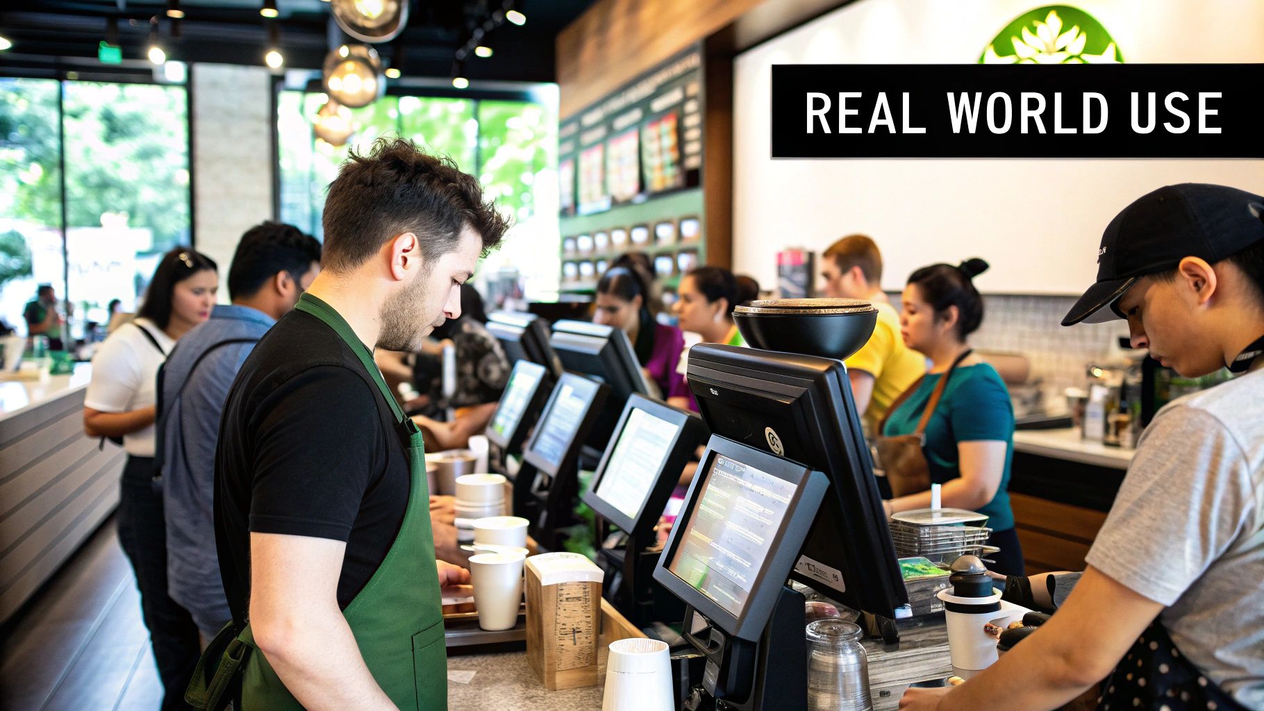 A busy cafe staff member efficiently taking an order on a POS tablet