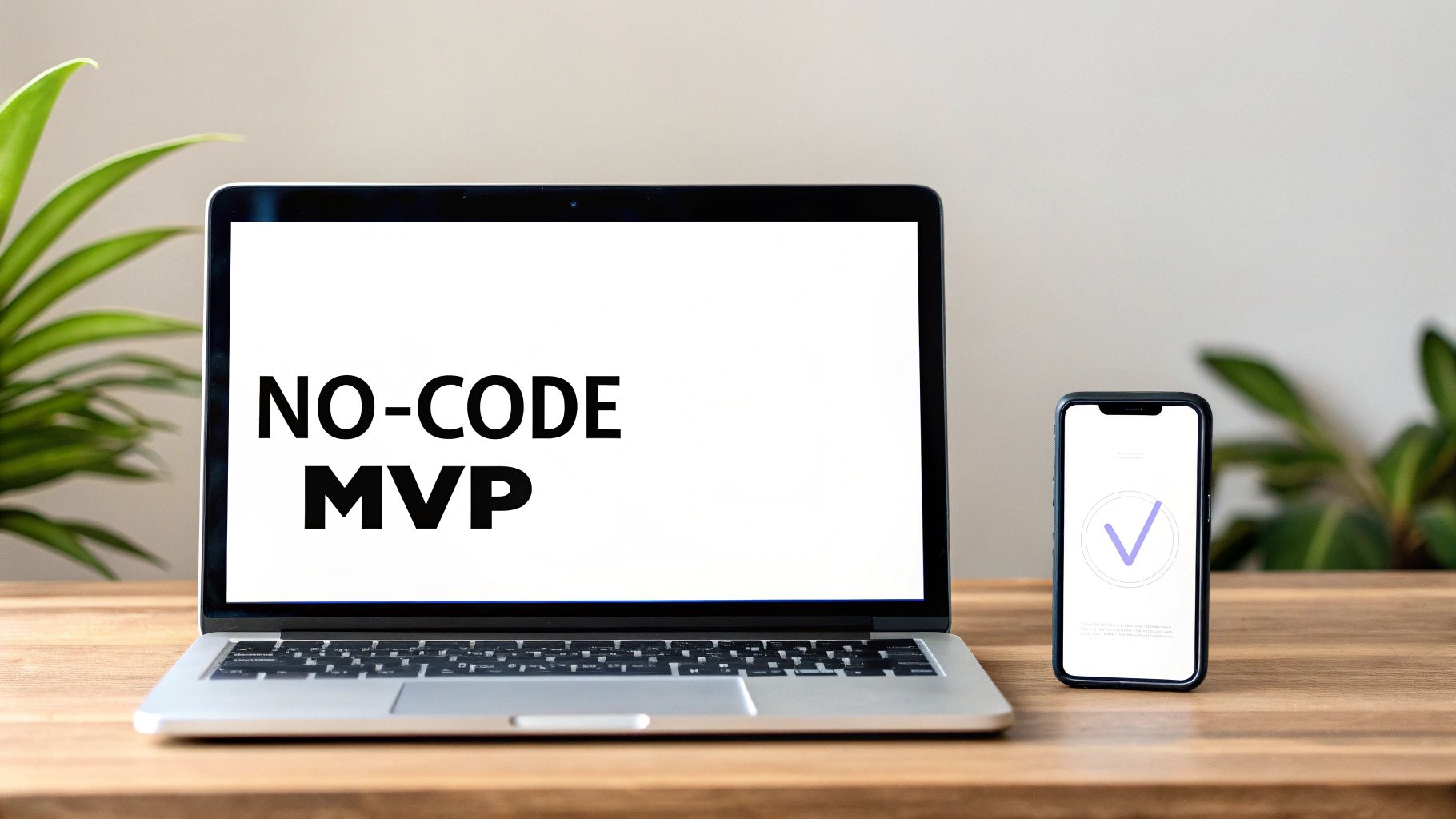 A laptop displaying "NO-CODE MVP" and a smartphone with a success checkmark, sitting on a wooden desk.