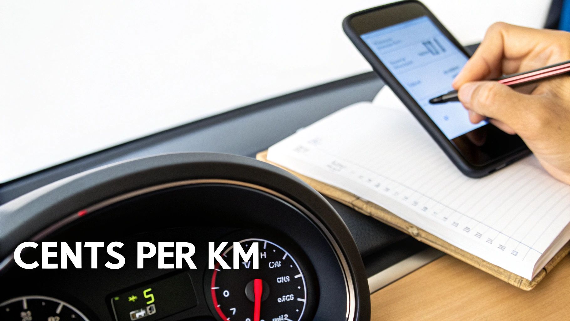 Person calculating fuel costs per kilometer using a smartphone and notebook in a car.