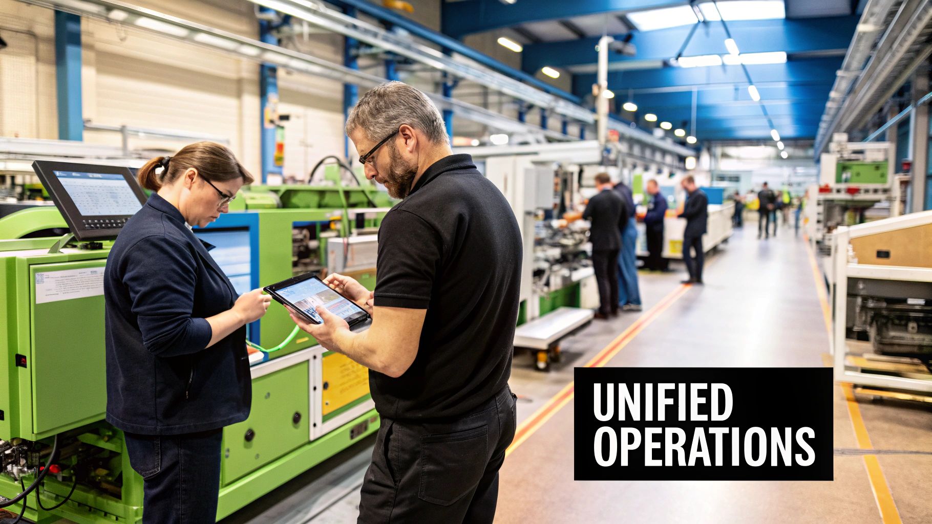 A modern manufacturing facility with robotic arms and digital overlays representing ERP data.
