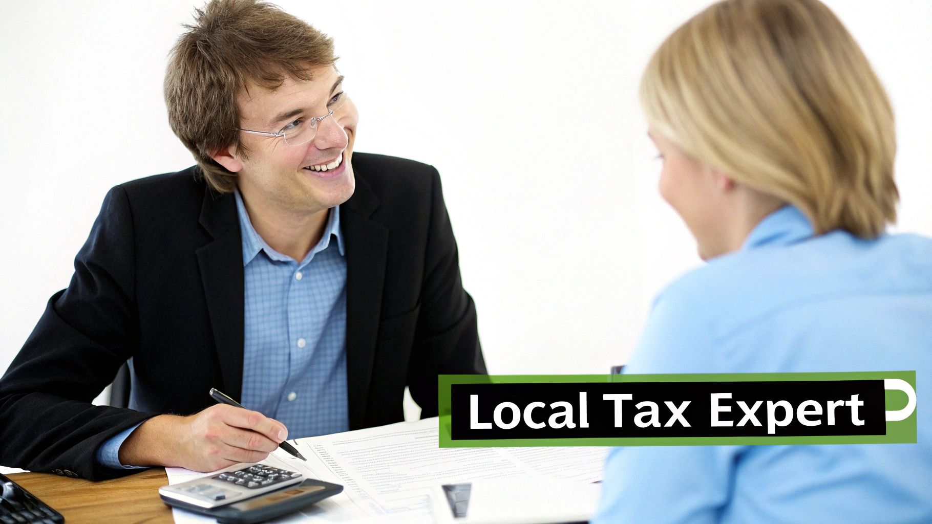 A professional accountant reviewing tax documents with a client in a modern office.