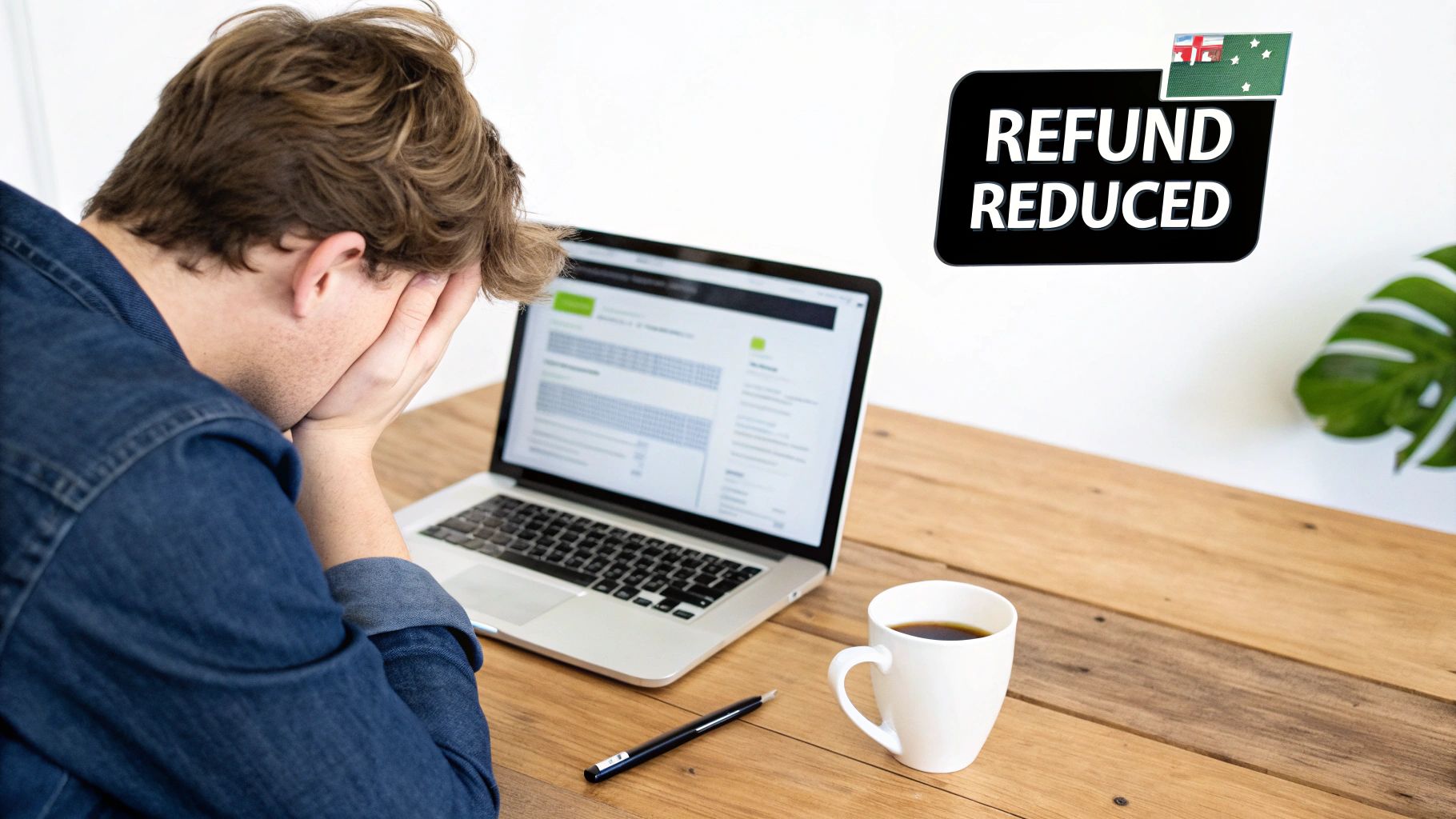 A person looking concerned while reviewing financial documents on a laptop, symbolizing the shock of a low tax refund.