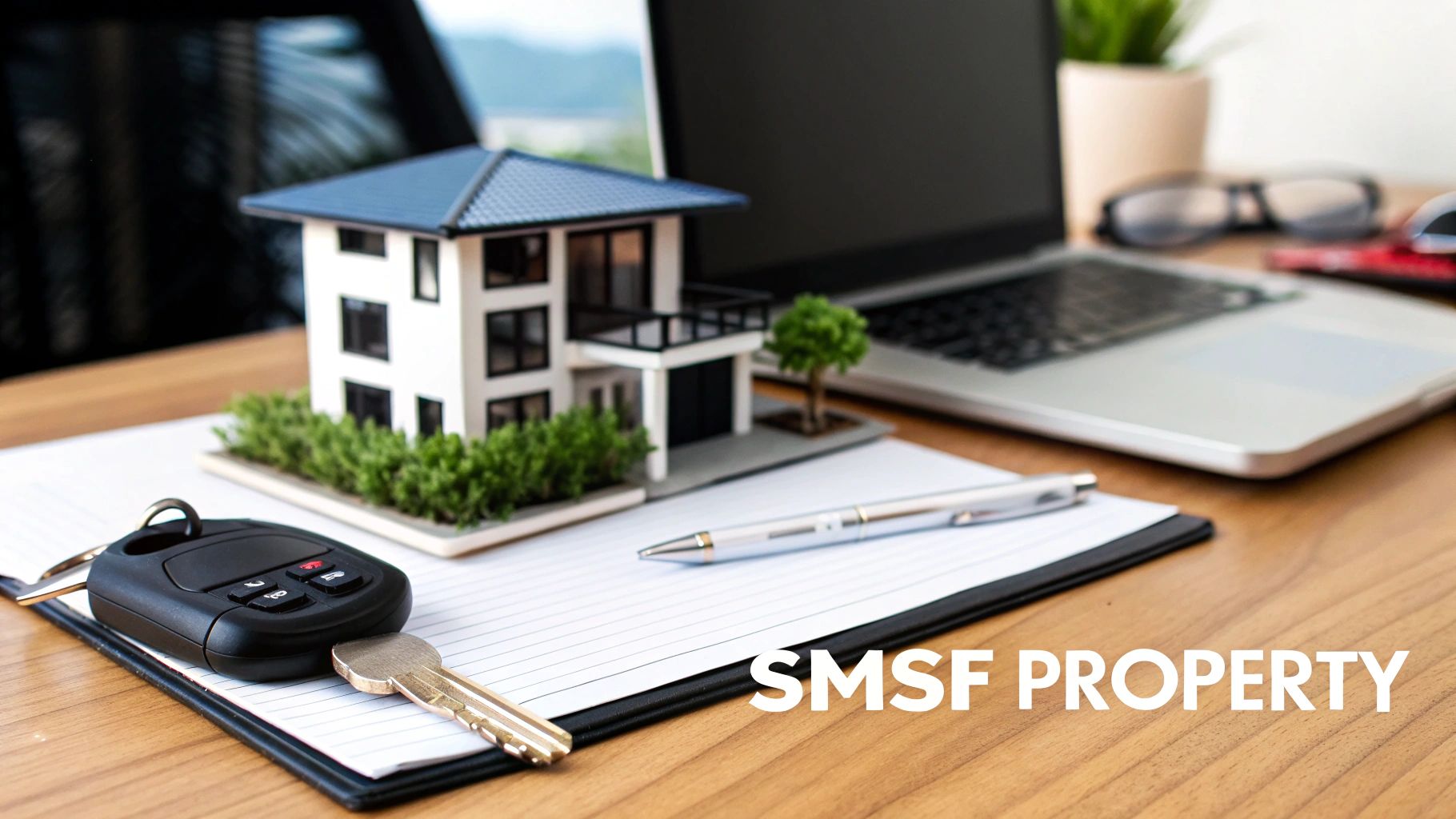 Miniature house model, car keys, and pen on a desk for SMSF property investment planning.