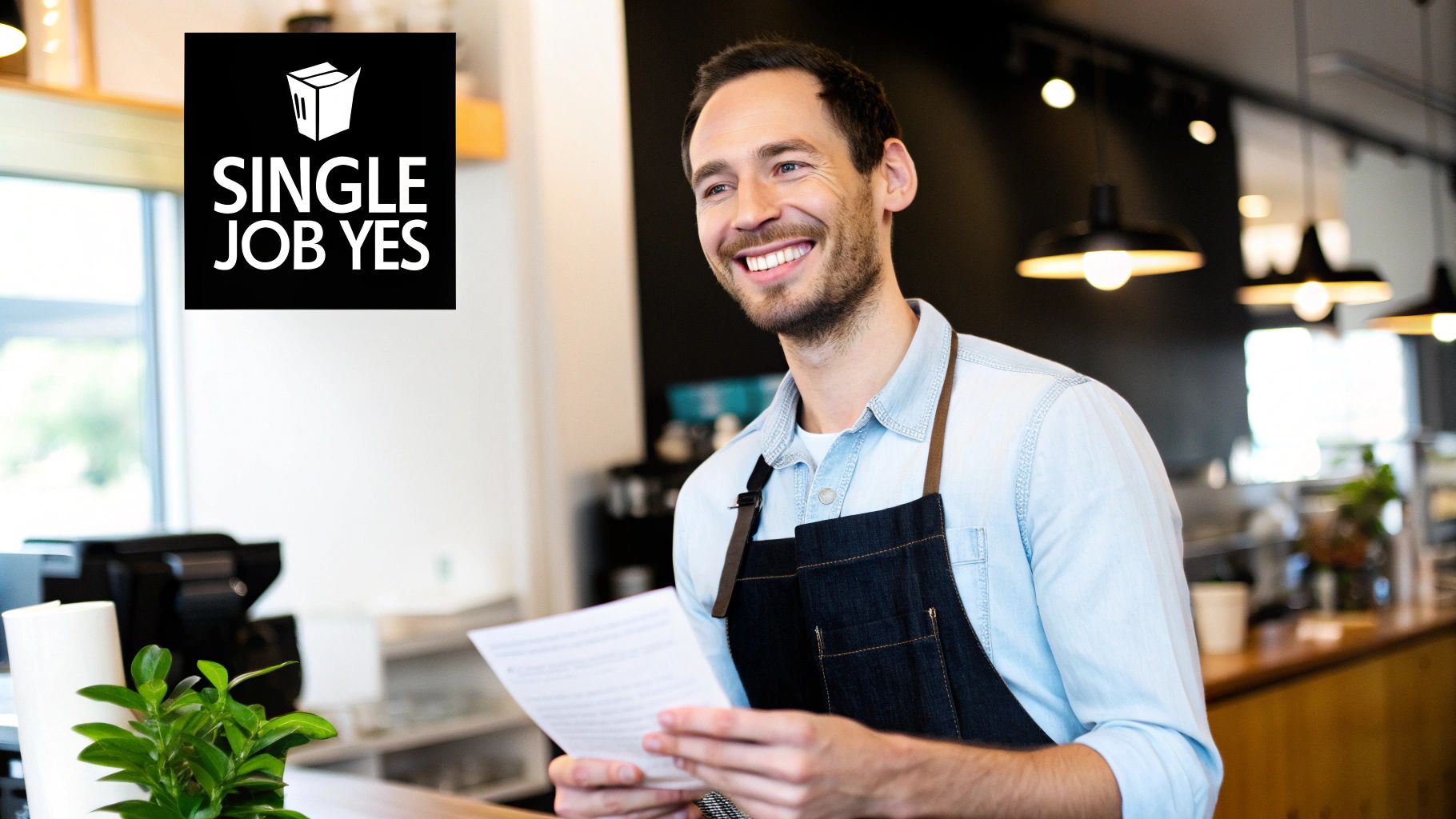 A smiling barista making coffee.