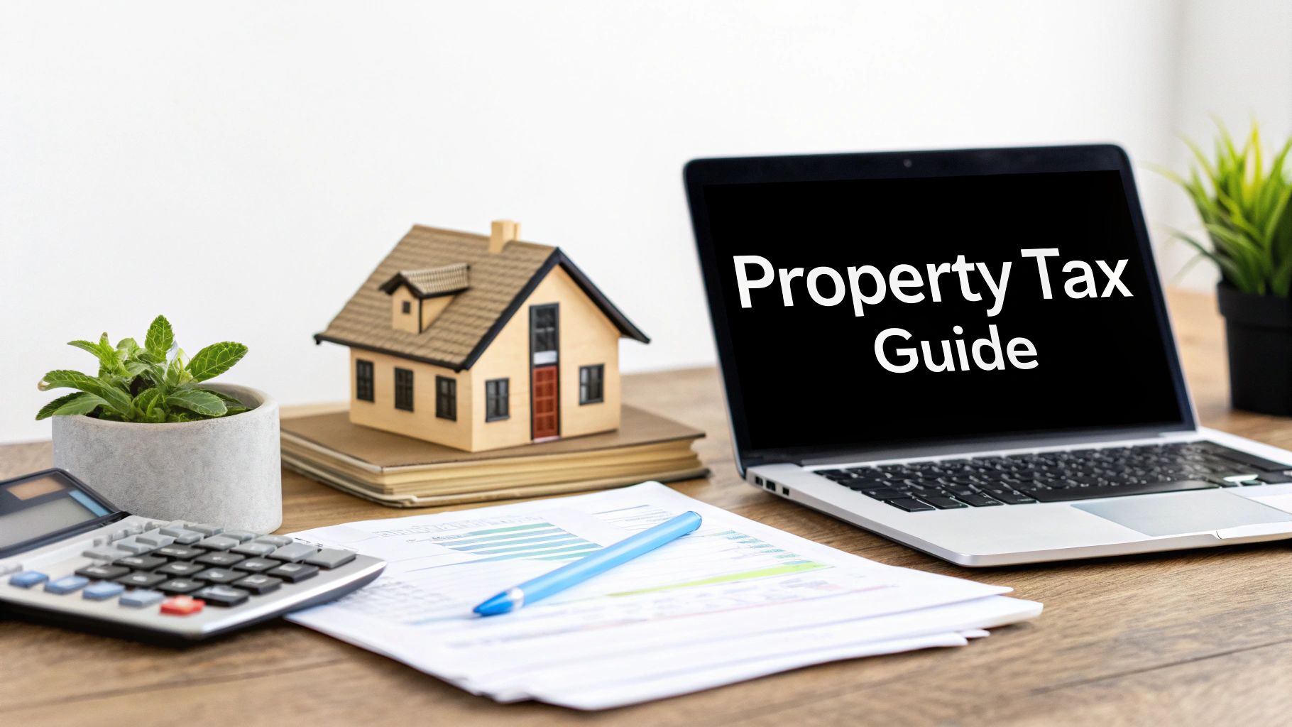 A desk with a laptop showing 'Property Tax Guide', a house model, calculator, and financial documents.
