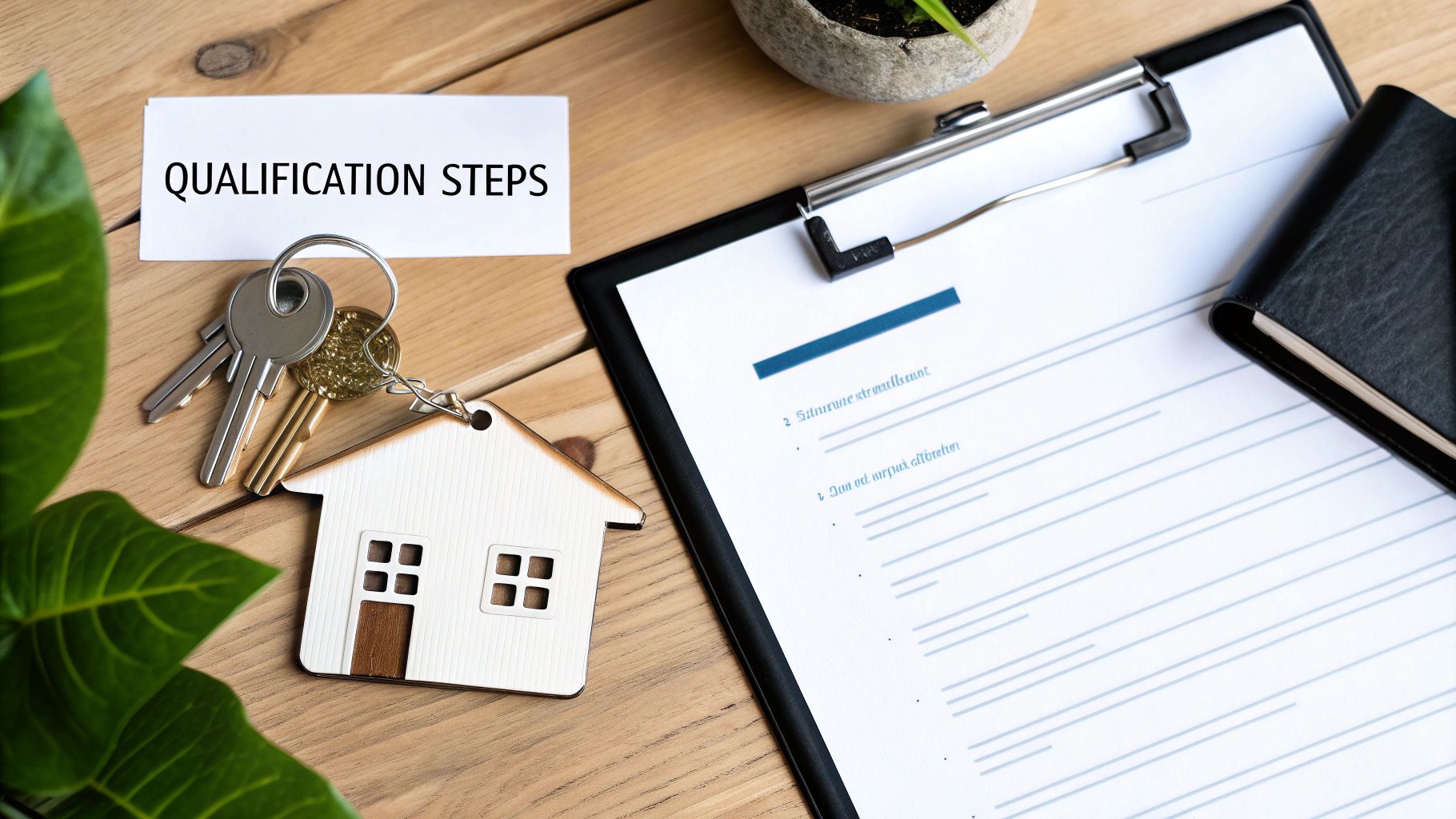 A flat lay image showing a note with 'QUALIFICATION STEPS', keys with a house charm, and documents on a clipboard, suggesting the home buying process.