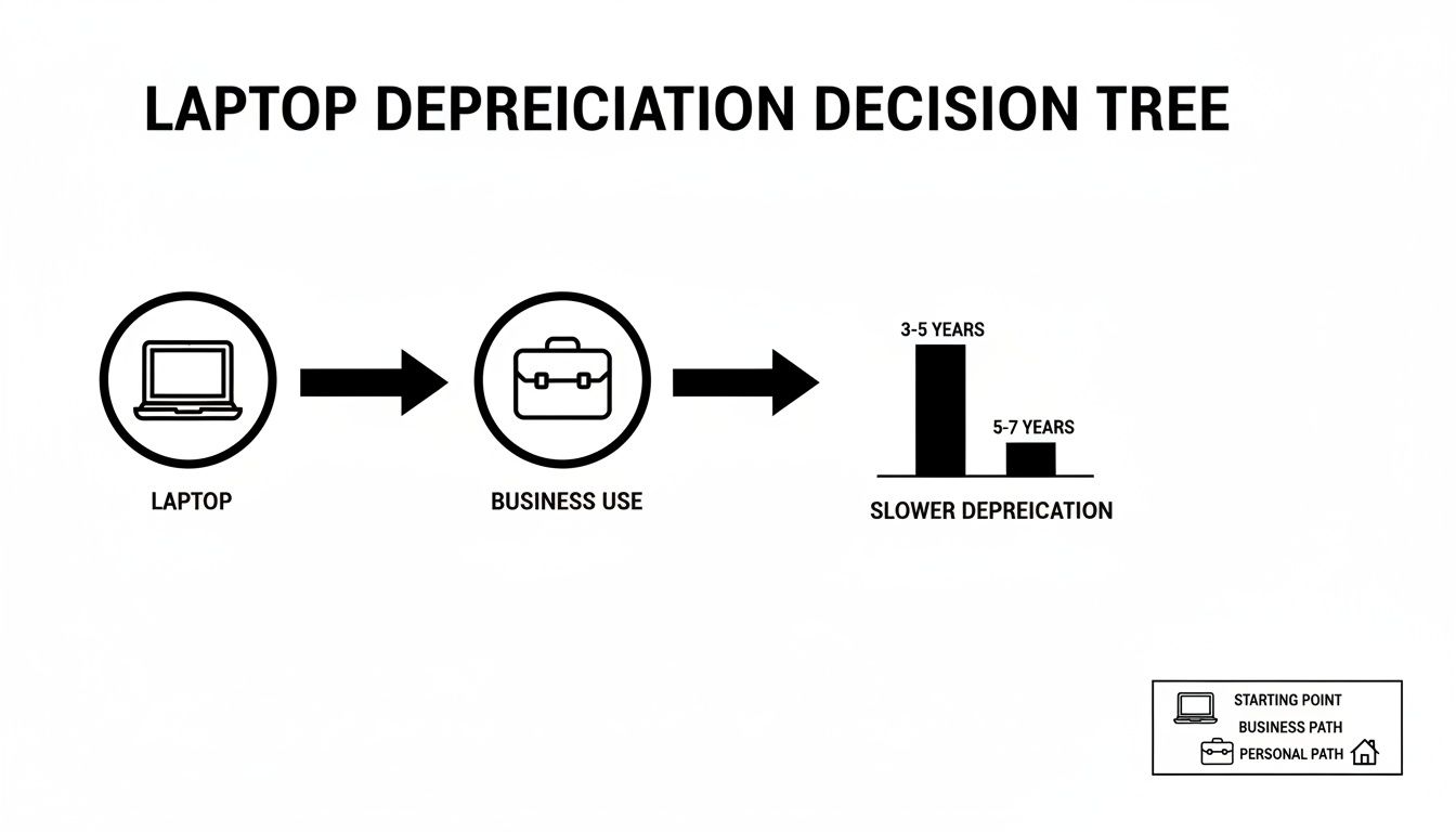 Decision tree illustrating laptop depreciation, showing business use leads to slower depreciation over 3-7 years.