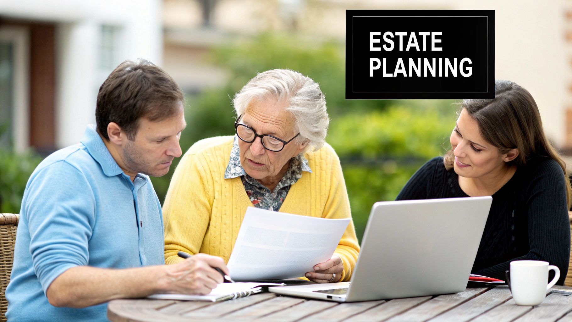 A family reviewing legal documents, symbolising the process of estate and succession planning