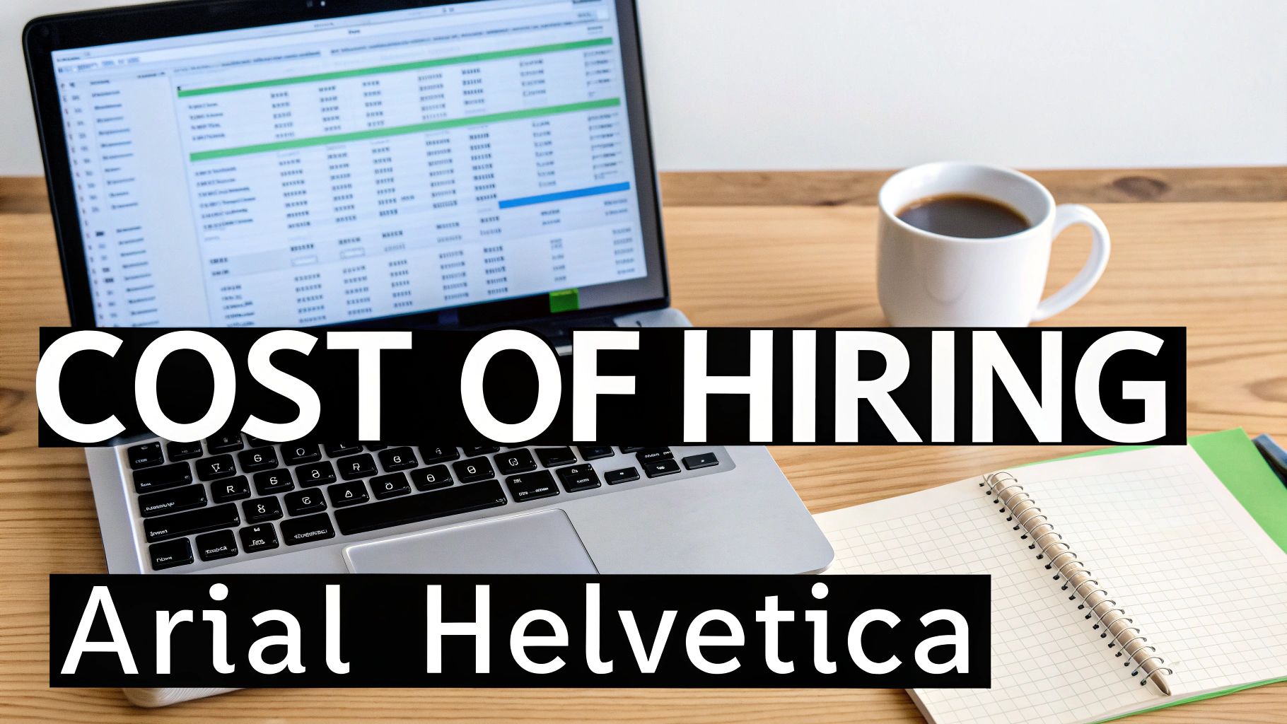 A laptop displaying a spreadsheet, coffee cup, and notebook on a wooden desk with text 'COST OF HIRING'.