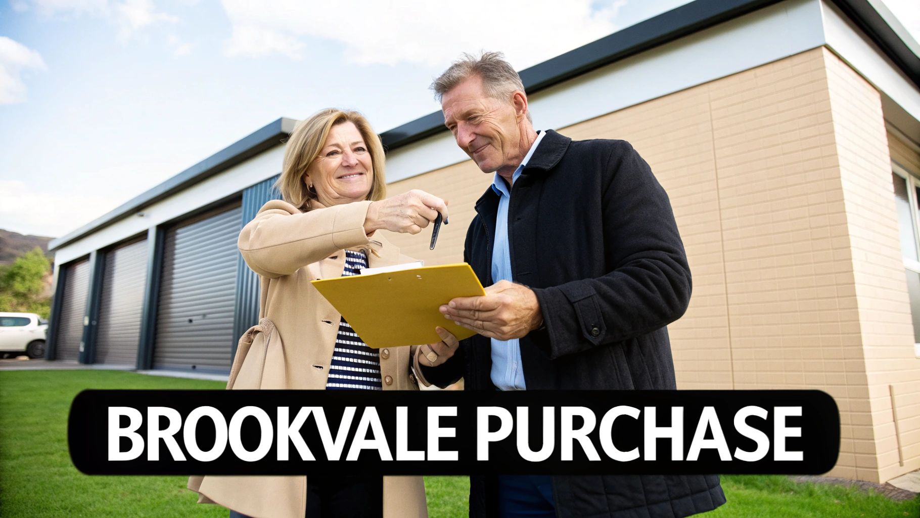 Two smiling adults signing a document in front of modern buildings, suggesting a property purchase.