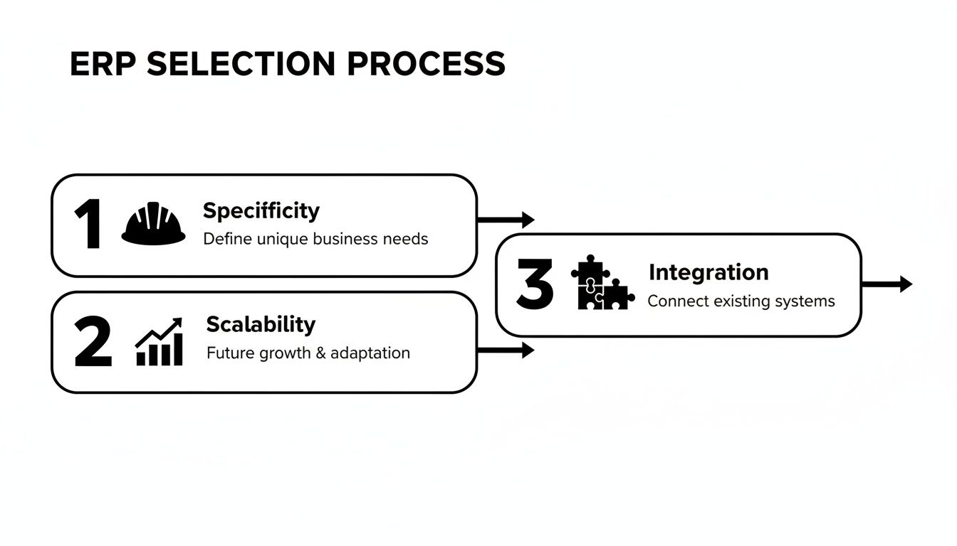 An infographic illustrating the ERP selection process with three key steps: specificity, scalability, and integration.