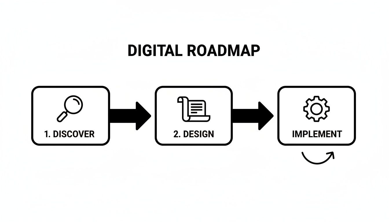 A digital roadmap diagram illustrating the Discover, Design, and Implement phases with an iterative loop.