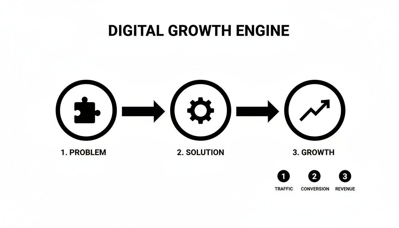 Digital growth engine diagram illustrating problem, solution, and growth stages with traffic, conversion, revenue details.