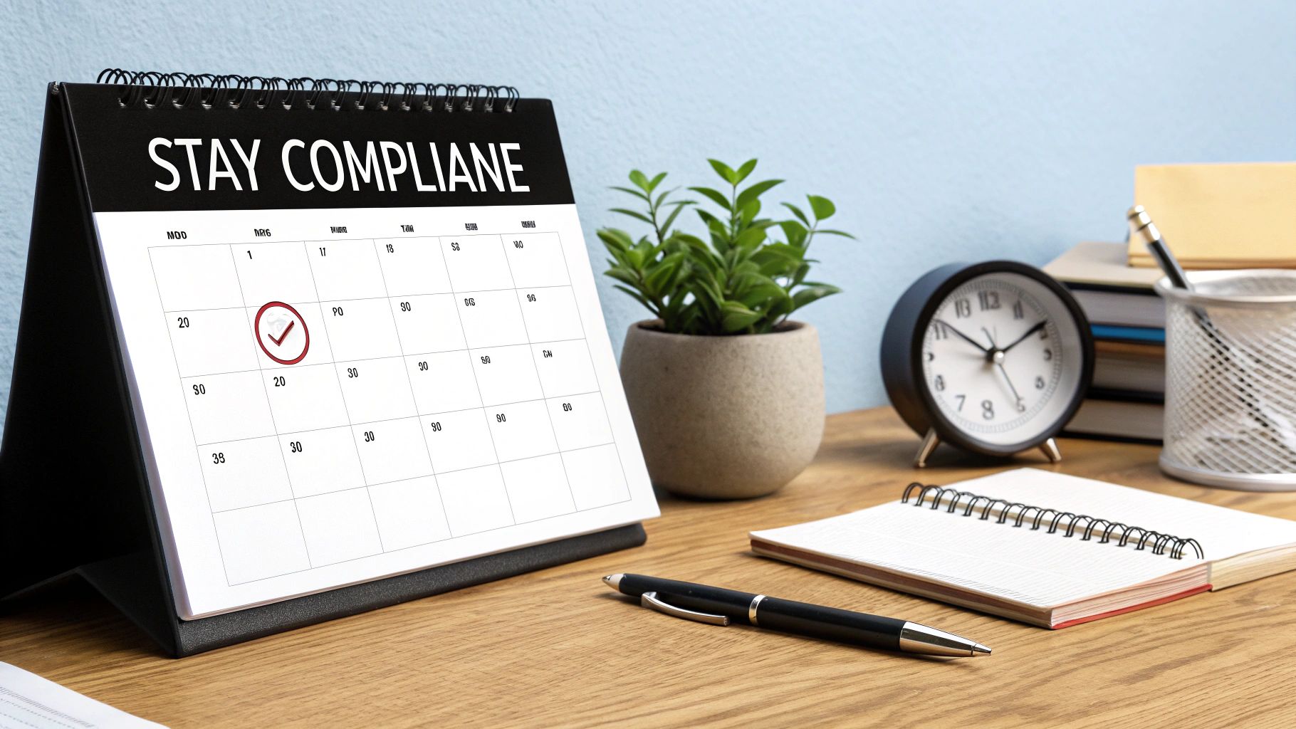 A desk calendar displaying 'STAY COMPLIANT' with a red checkmark on a day, symbolizing compliance.
