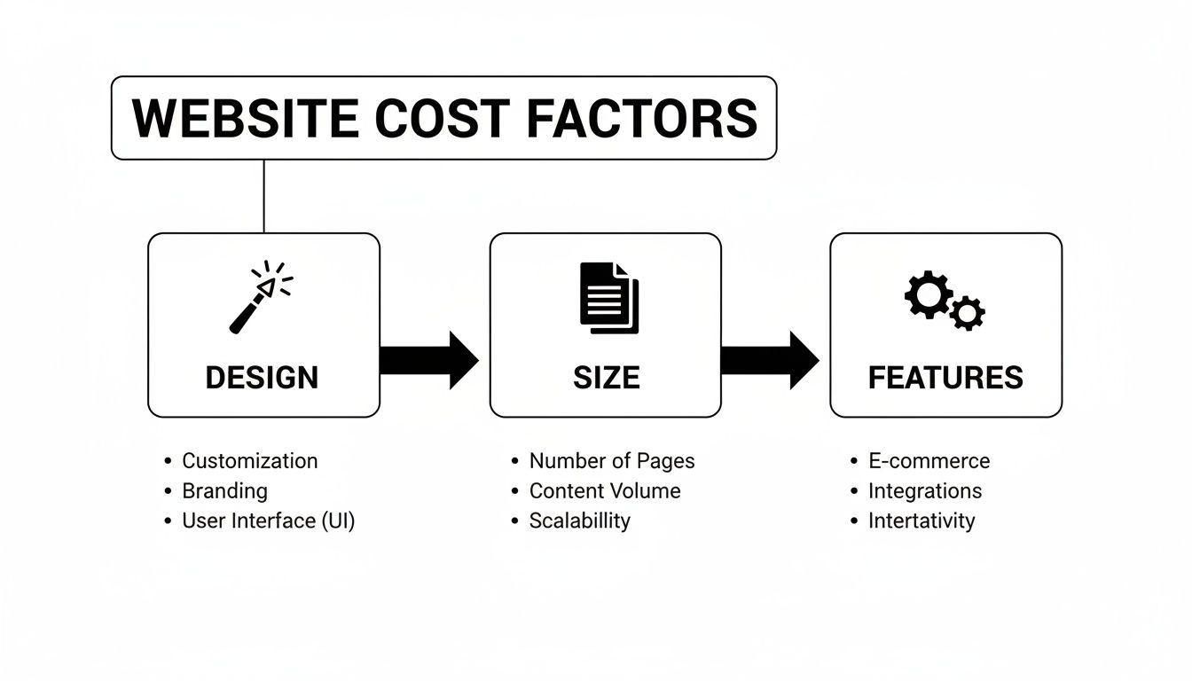 Flowchart showing website cost factors, including design, size, and features with their sub-points.