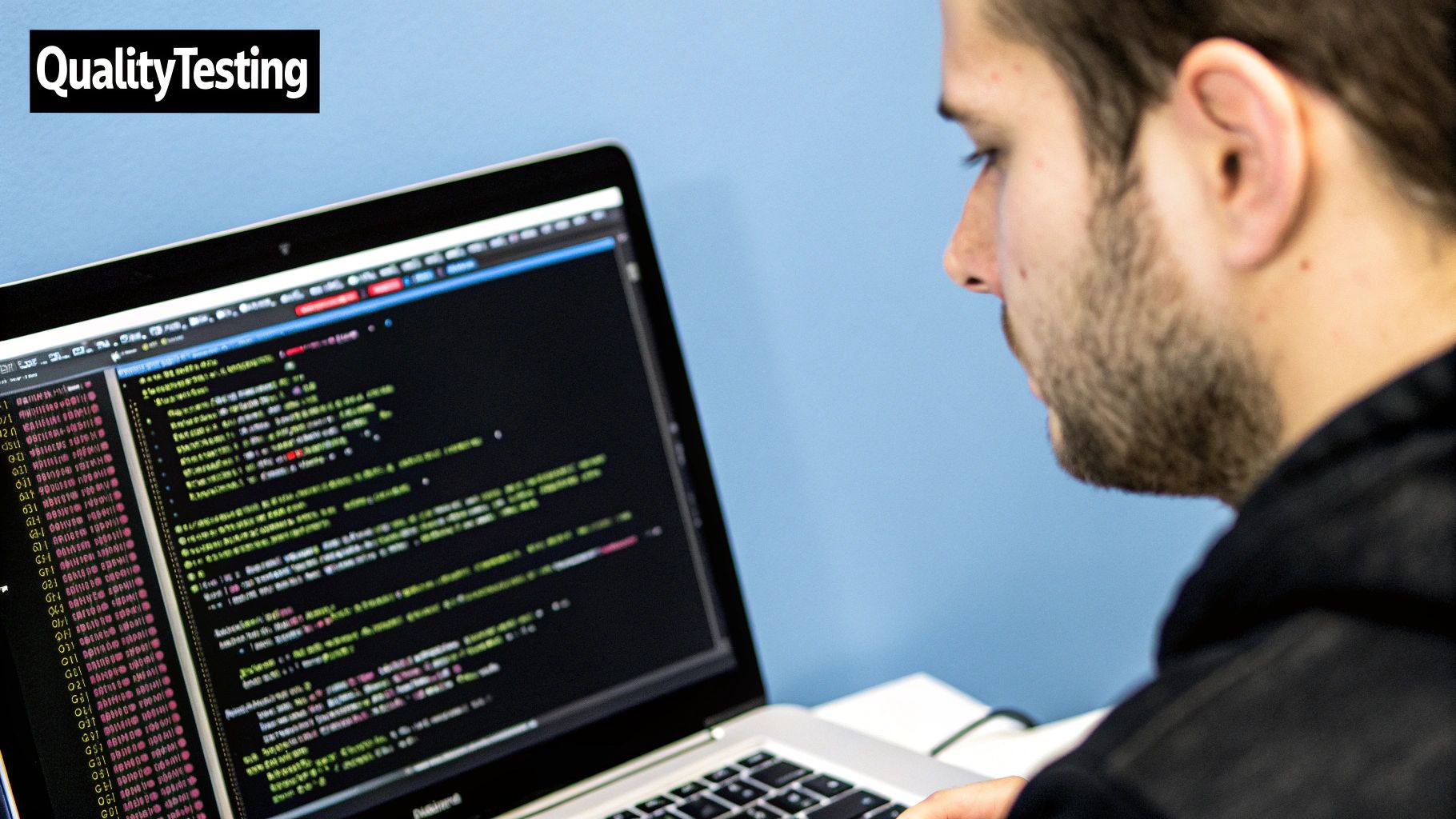 A quality assurance engineer testing a mobile application on various devices, with bug report screens in the background.