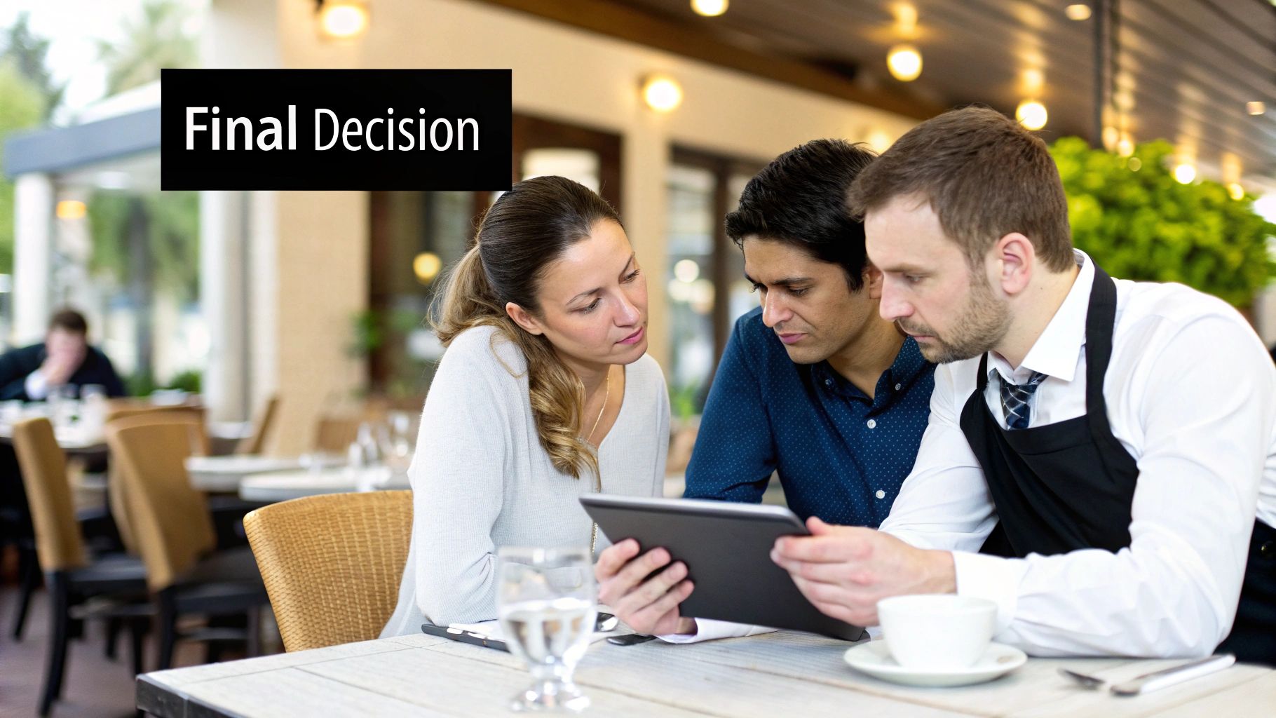 Restaurant manager confidently reviewing sales data on a POS tablet