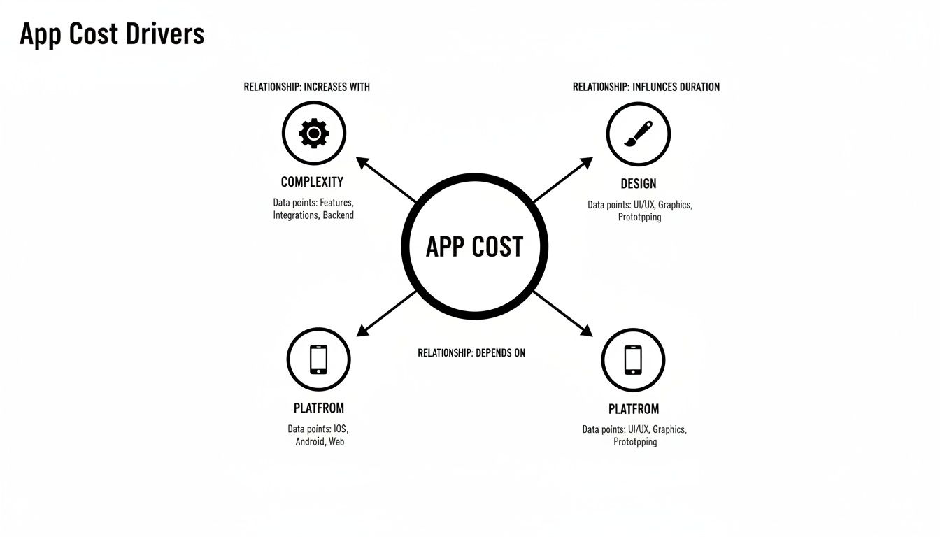 Infographic details mobile app cost drivers: Complexity, Design, and Platform choices (iOS, Android, Web).