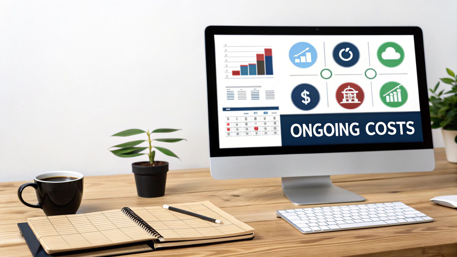 A computer monitor displays financial charts, icons, and 'ONGOING COSTS' on a wooden office desk.
