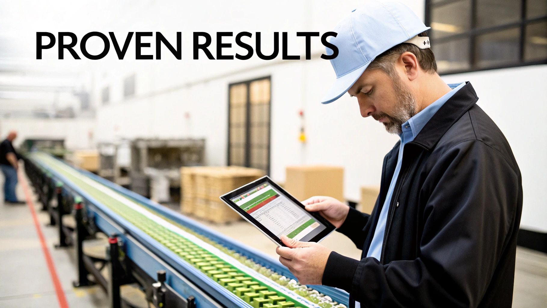 Australian factory worker using a tablet to manage inventory with ERP software