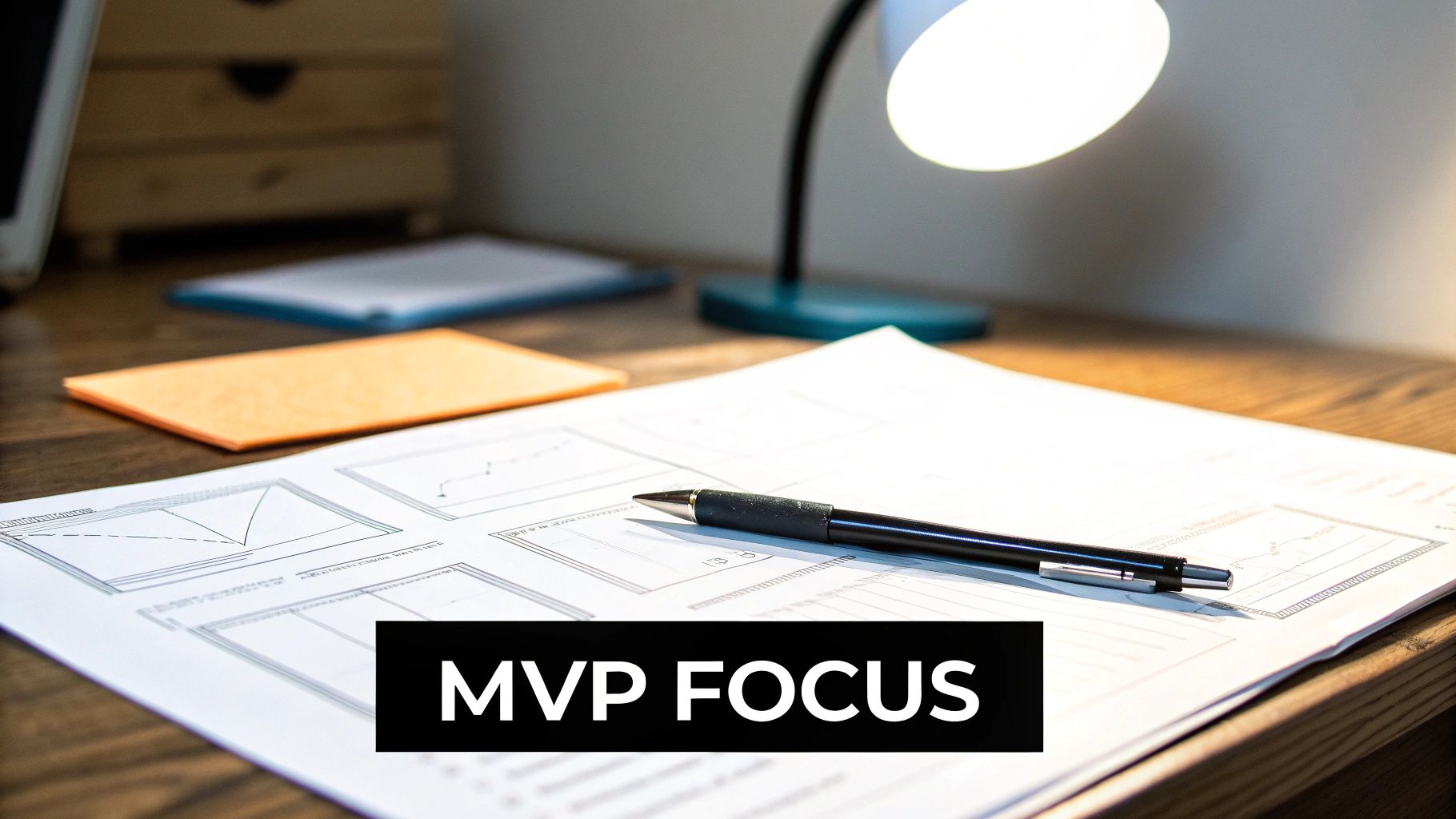 A focused desk setting with design documents, a pen, a desk lamp, and 'MVP FOCUS' text.