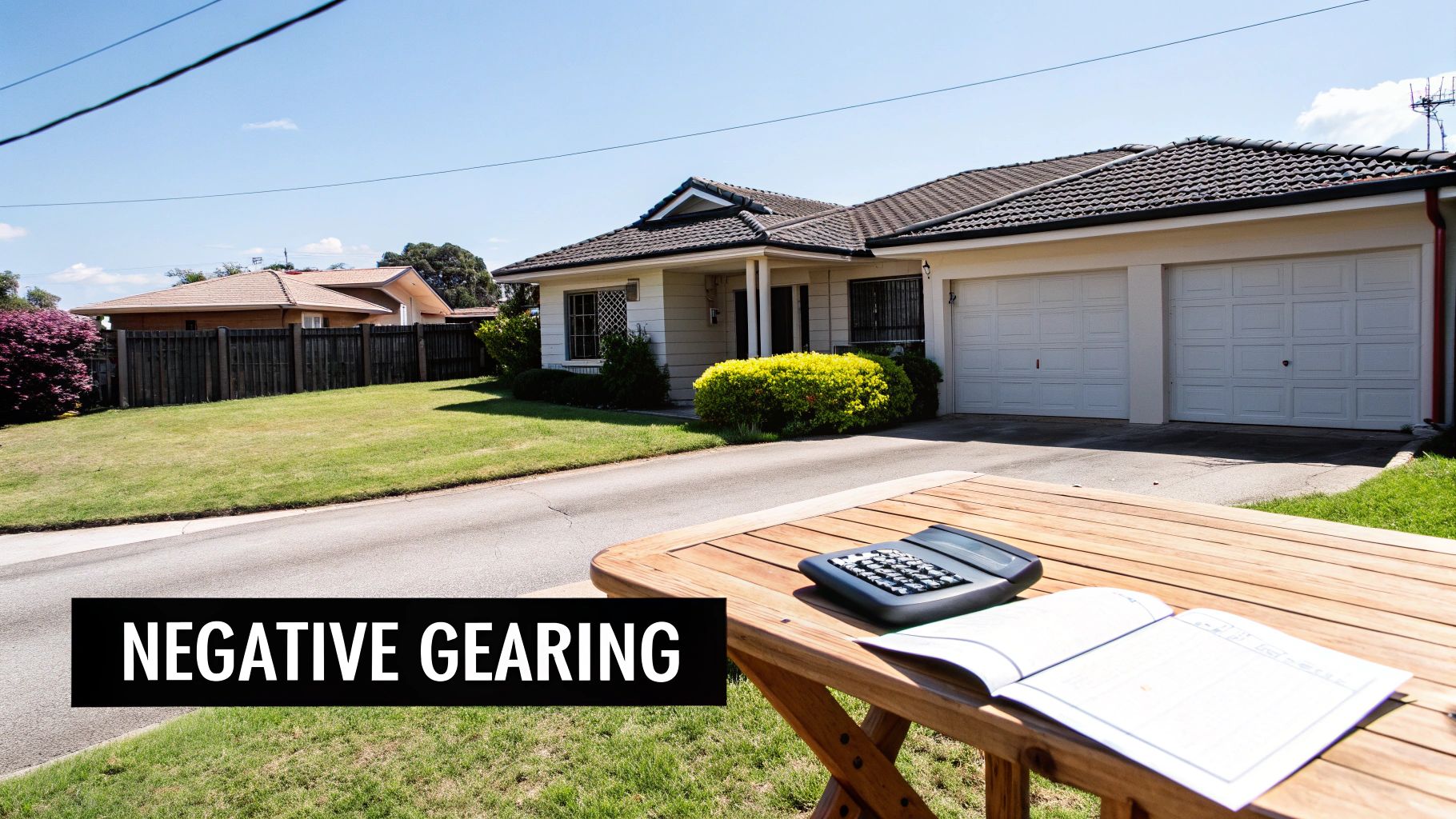 A house with a driveway and green lawn, featuring a table with a calculator and notebook, displaying 'NEGATIVE GEARING' text.