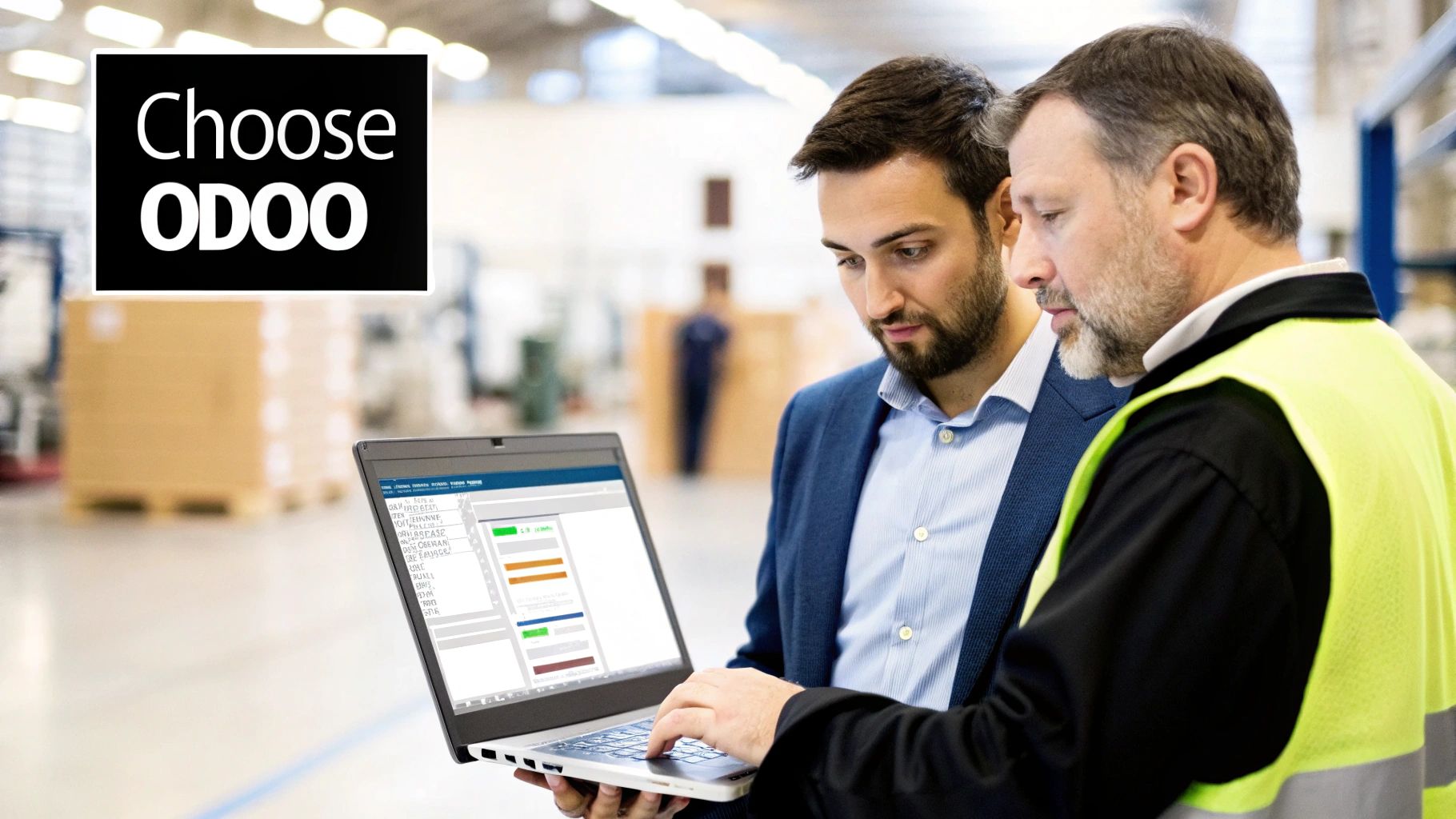 Business professionals using Odoo ERP software on a laptop within a manufacturing warehouse.