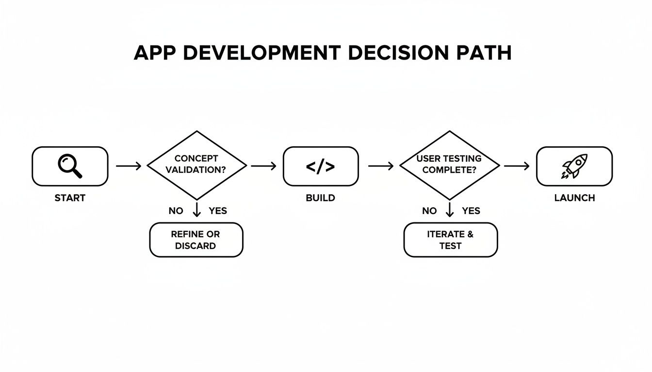 Flowchart outlining the app development decision path from initial concept validation to final launch.