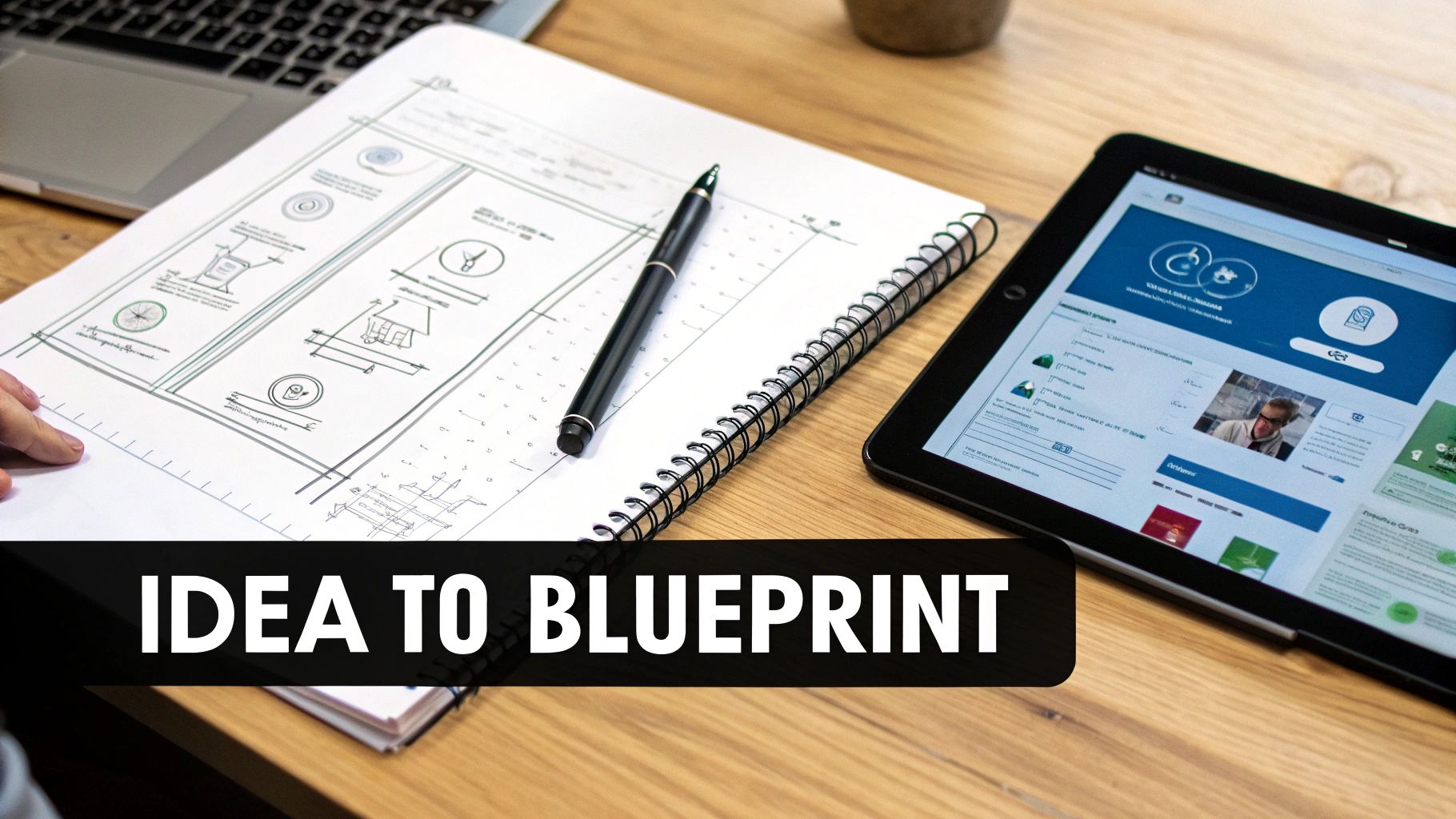 A desk with design blueprints, a pen, a spiral notebook, a laptop, and a tablet displaying an app.