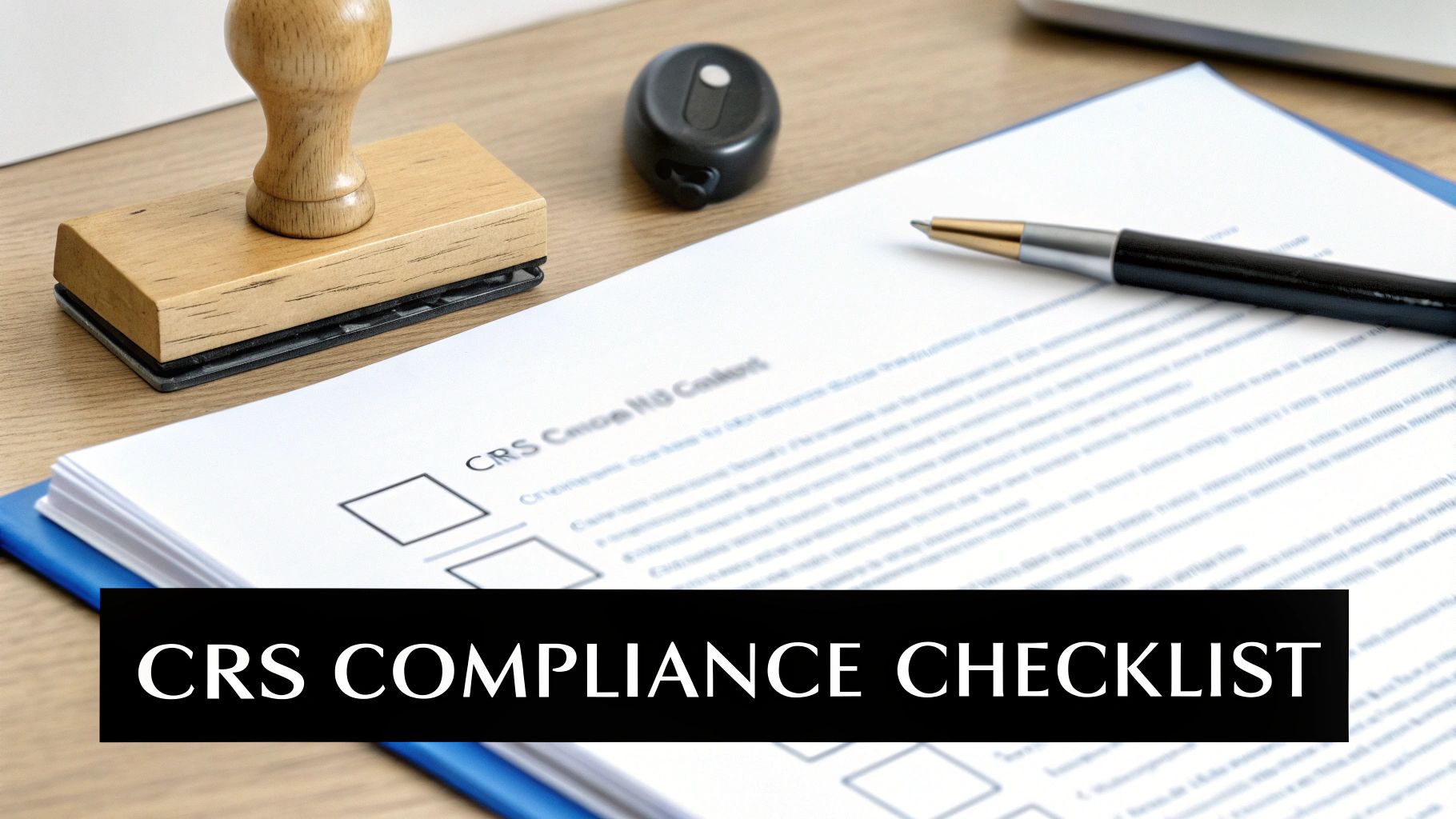 A CRS Compliance Checklist document with a pen and a rubber stamp on a wooden desk, symbolizing regulatory adherence.