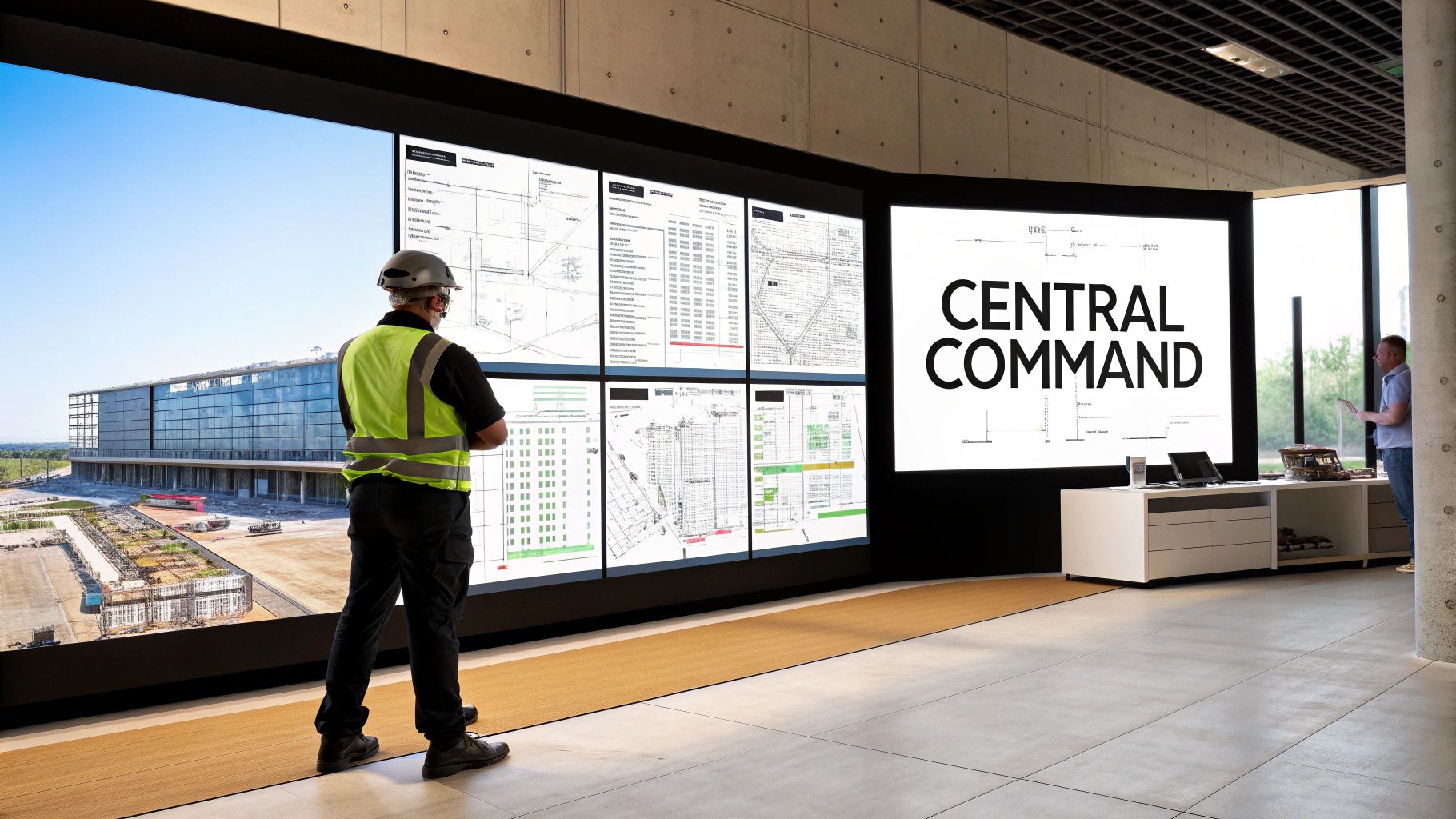 A construction worker views a large digital display showing building plans and a "Central Command" screen, overlooking a large building.
