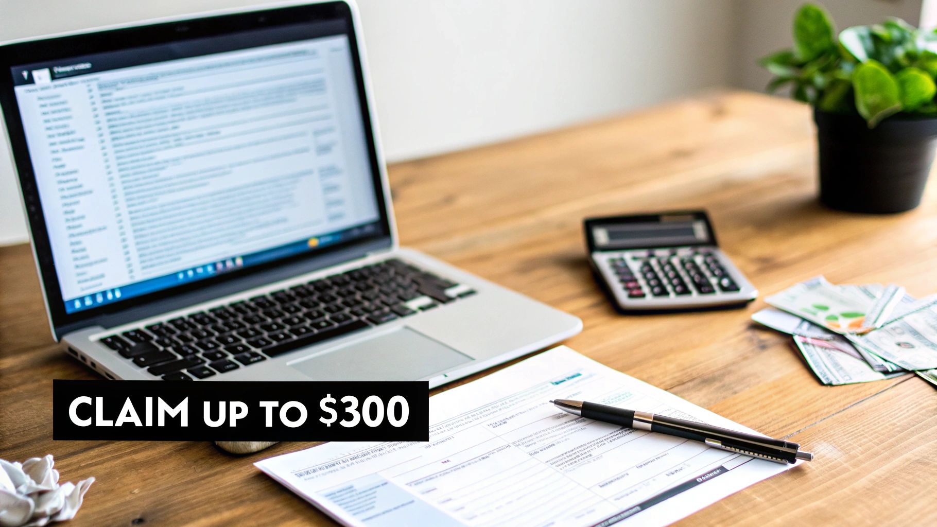 A desk with a laptop, calculator, document, pen, and cash, next to text 'CLAIM UP TO $300'.