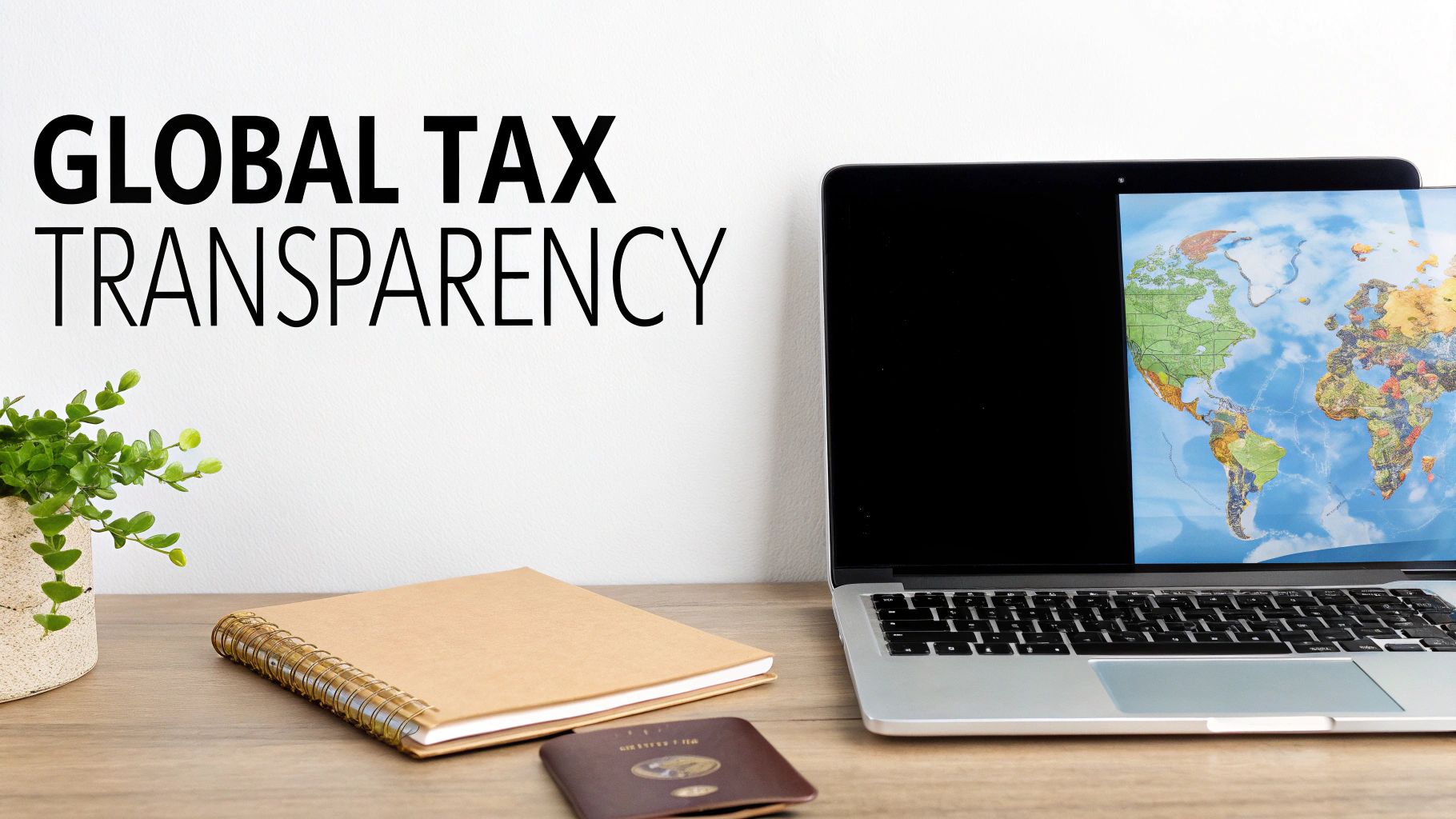 A desk with a laptop displaying a world map, a notebook, and a passport, with 'Global Tax Transparency' text on the wall.