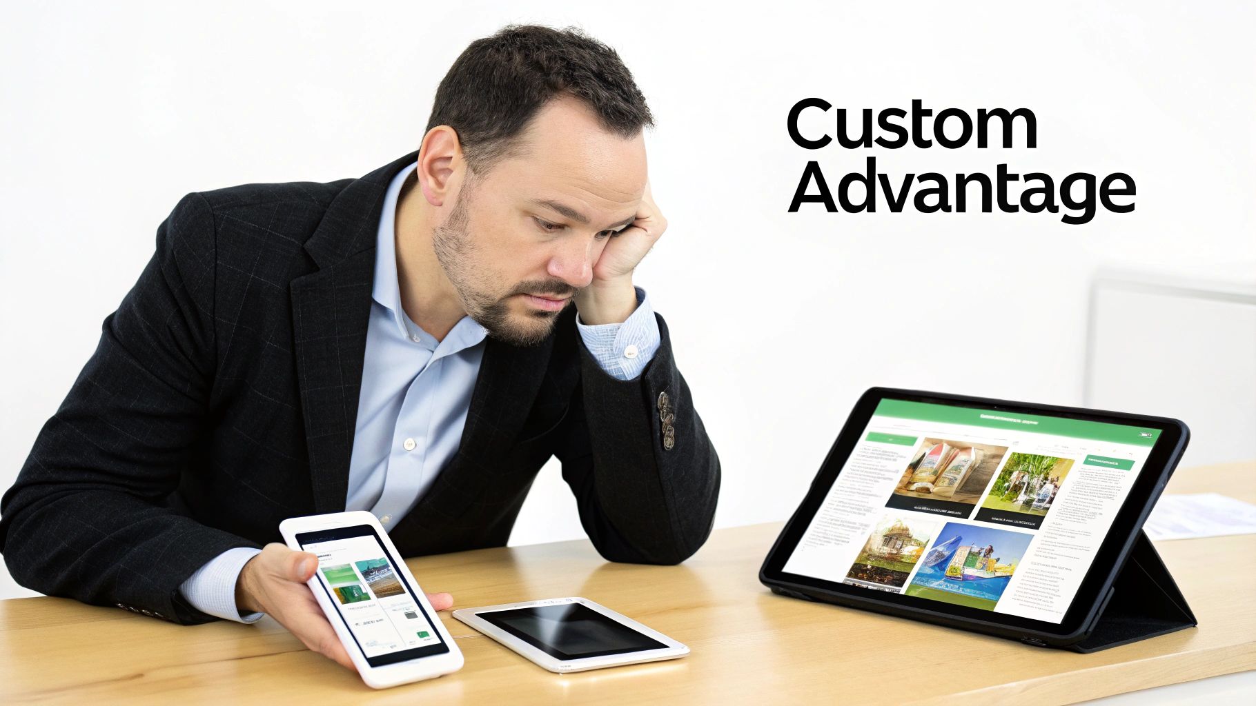 Man thoughtfully using a smartphone, with other custom mobile devices on a desk, highlighting technological advantage.