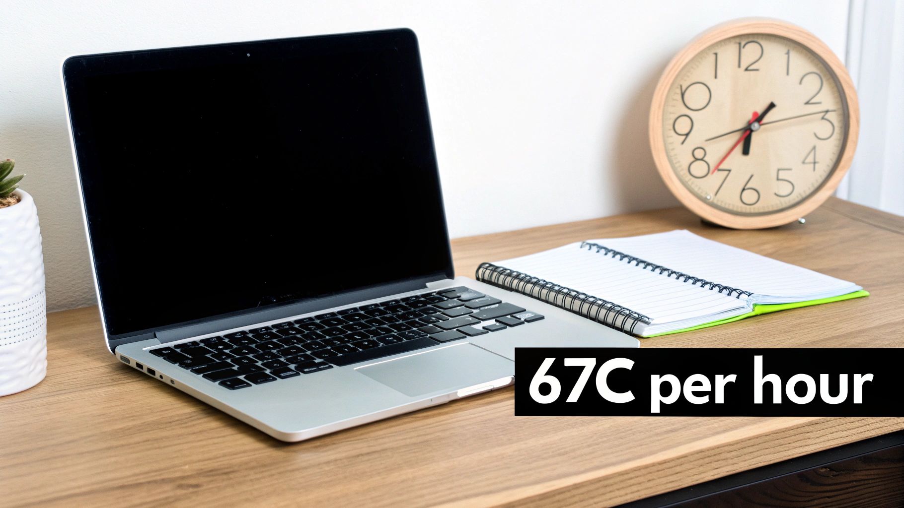Laptop, notebook, and clock on a wooden desk with text '67C per hour', depicting a home office.