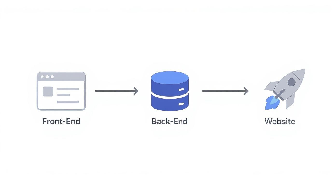 Diagram showing the simplified web development process from Front-End to Back-End to Website.