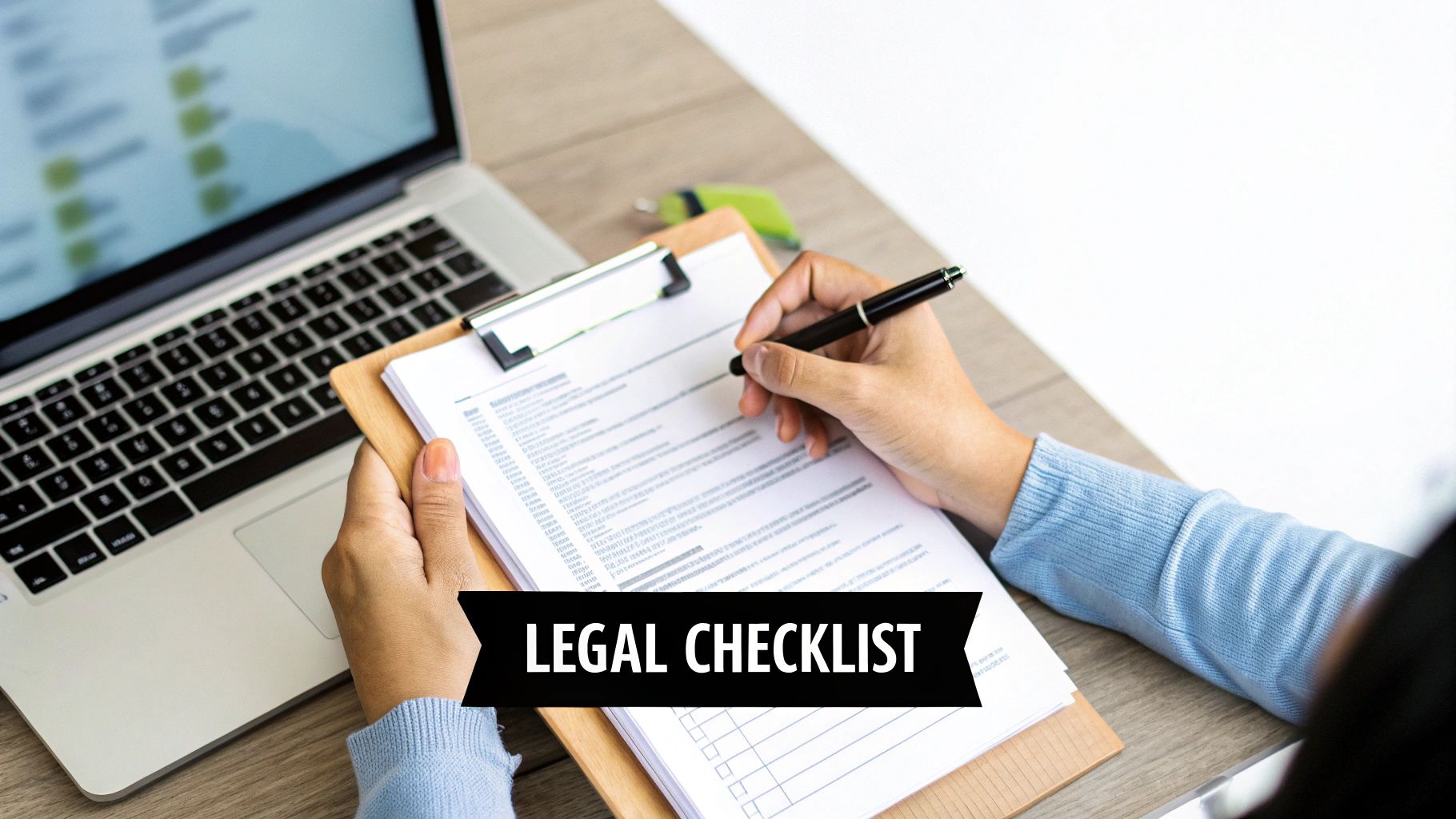 Person reviewing and writing on a legal checklist document next to an open laptop.
