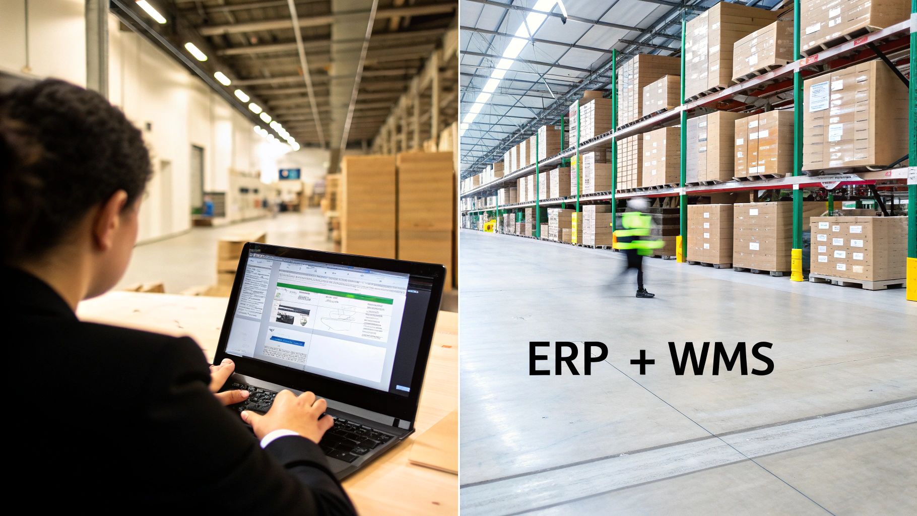 A person uses a laptop for ERP and WMS in a modern warehouse with stacked boxes.