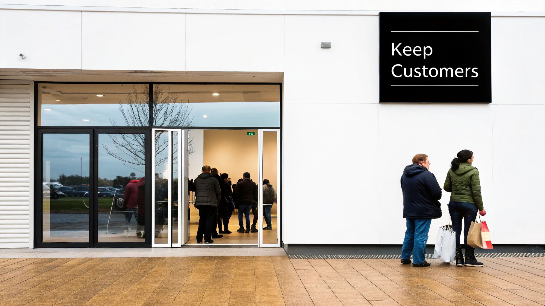 Customers queuing at retail store entrance while shoppers with bags stand outside