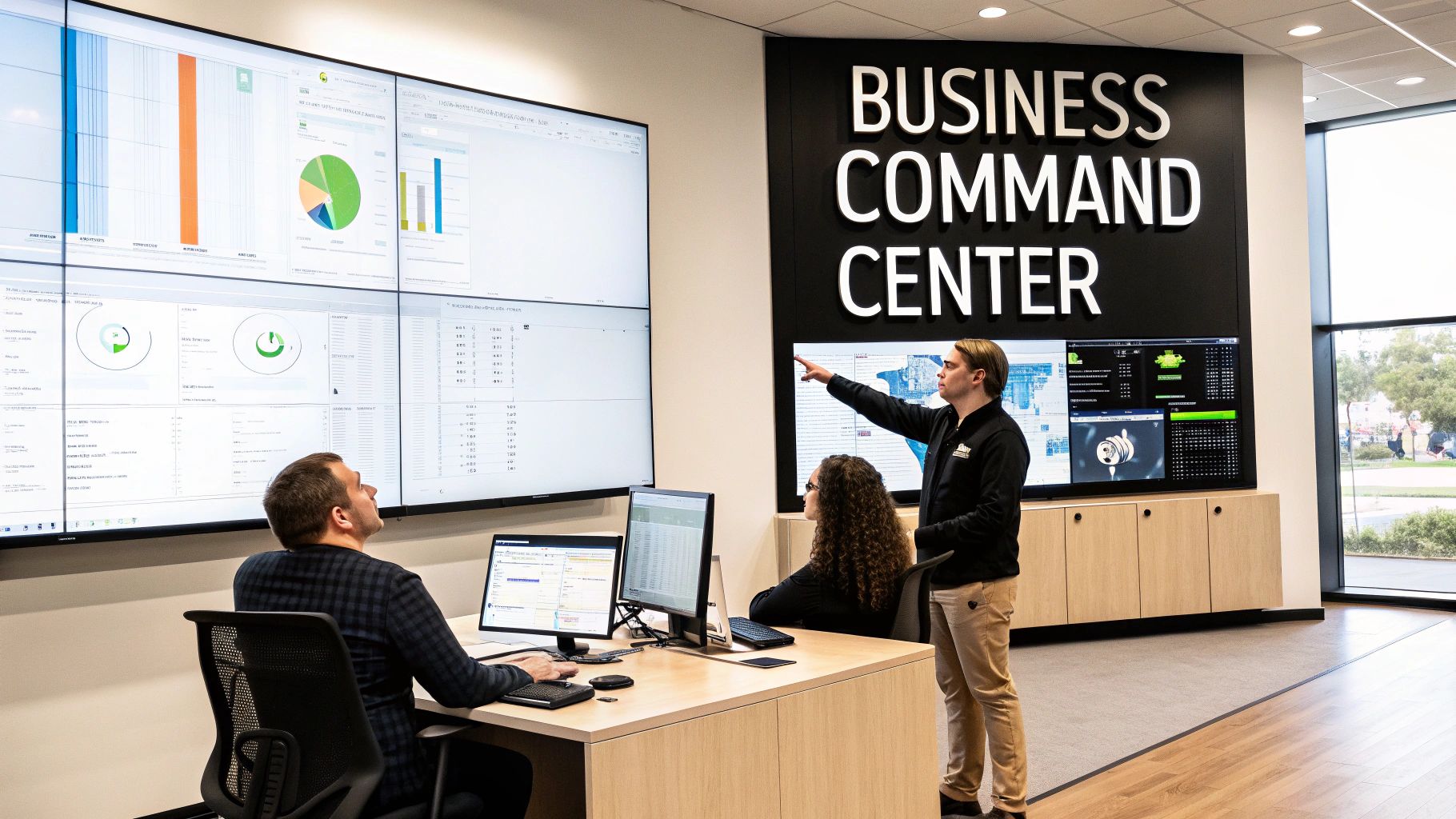 Professionals collaborating in a modern business command center with multi-screen data dashboards.