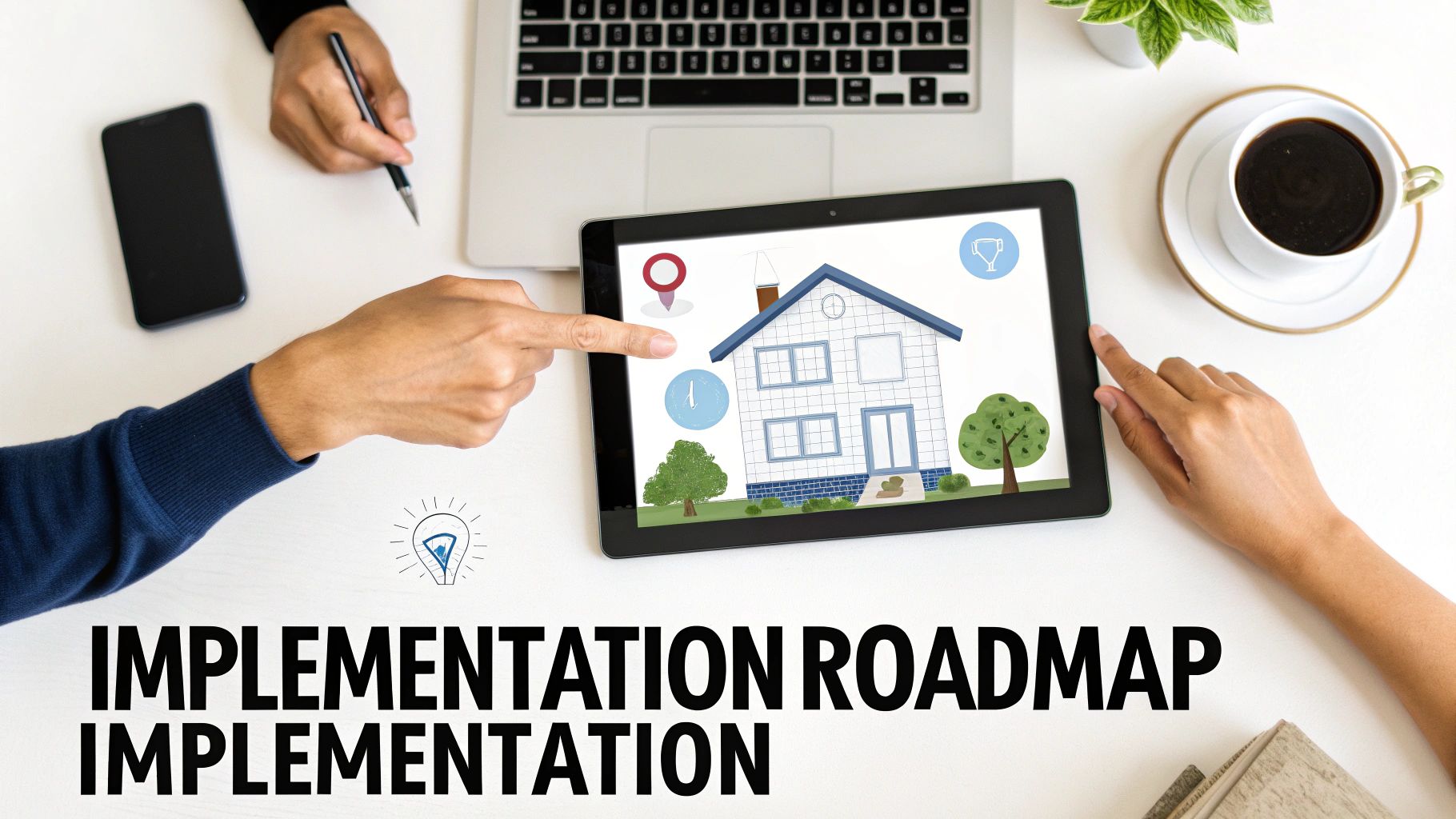 Hands pointing at a tablet showing a house design, representing an implementation roadmap.