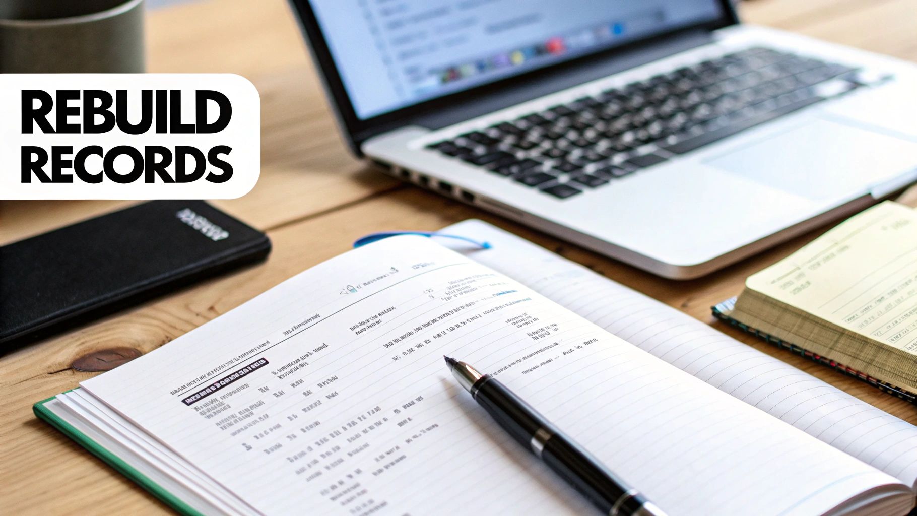 A desk with an open laptop, notebooks, a pen, and a banner reading 'REBUILD RECORDS'.