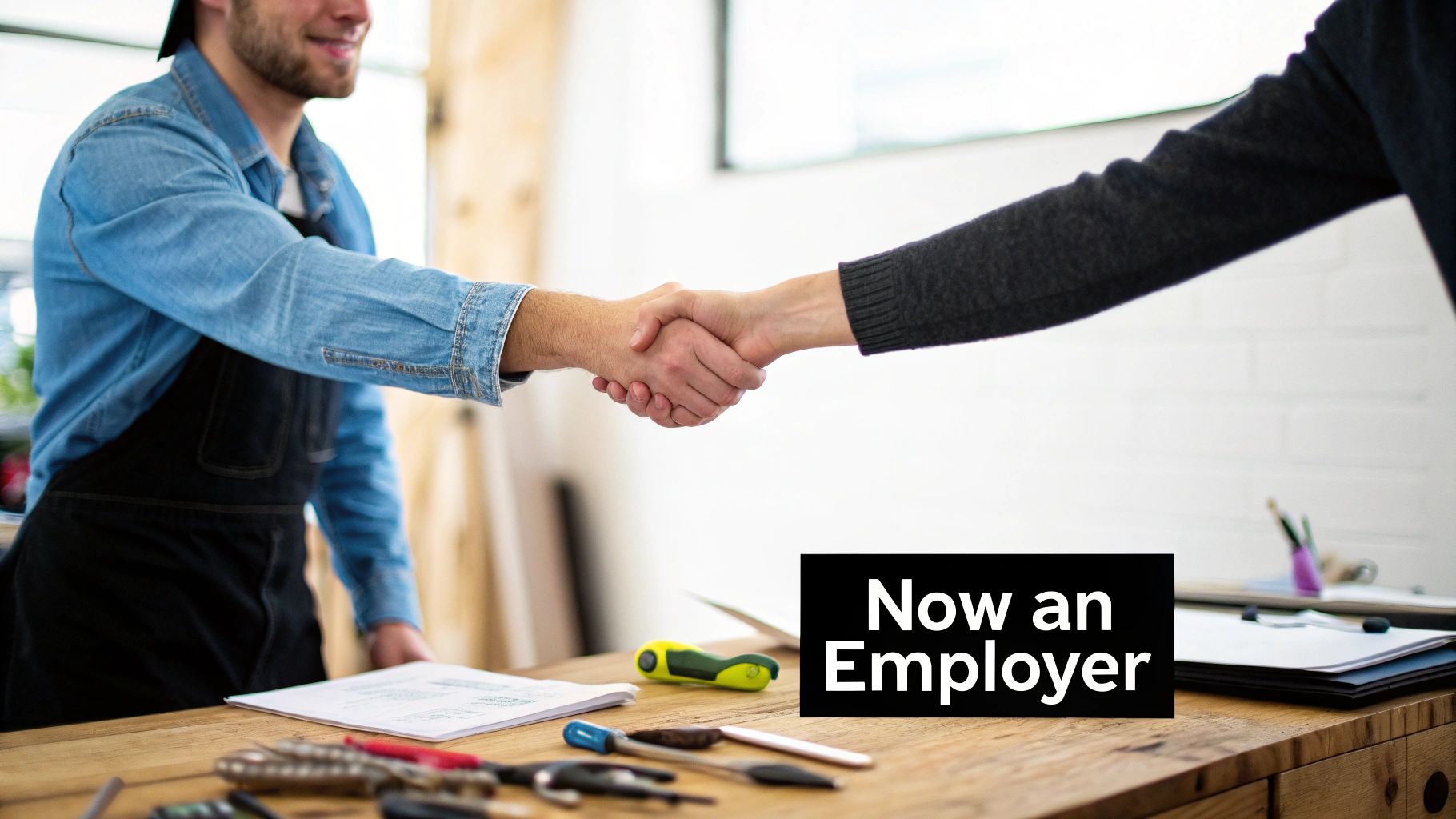 Two individuals shaking hands over a wooden desk with tools and a 'Now an Employer' sign.
